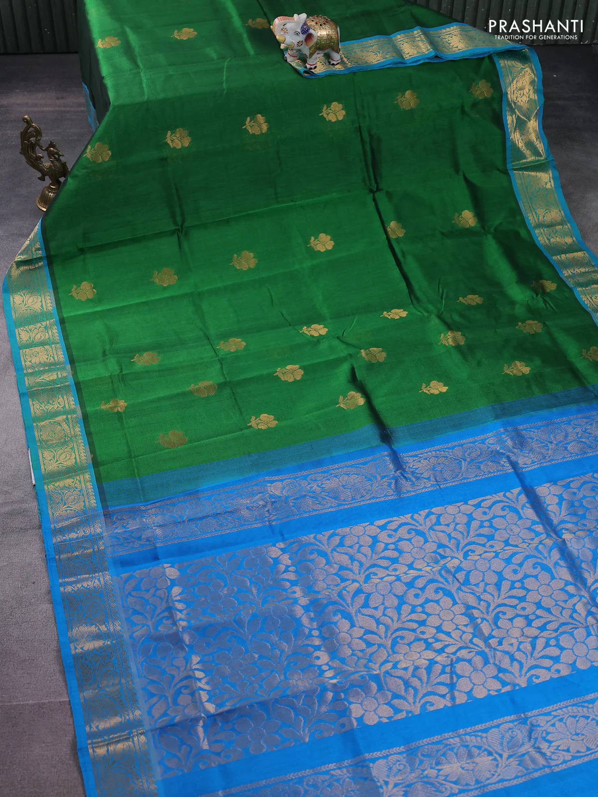 Silk cotton saree green and cs blue with zari woven floral buttas and zari woven border - Image 2