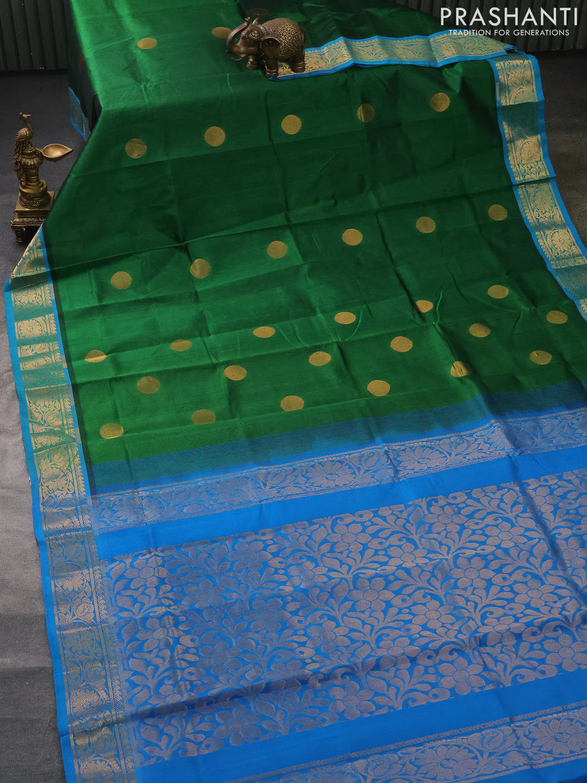 Silk cotton saree green and cs blue with zari woven geometric buttas and rich zari woven border - Image 2