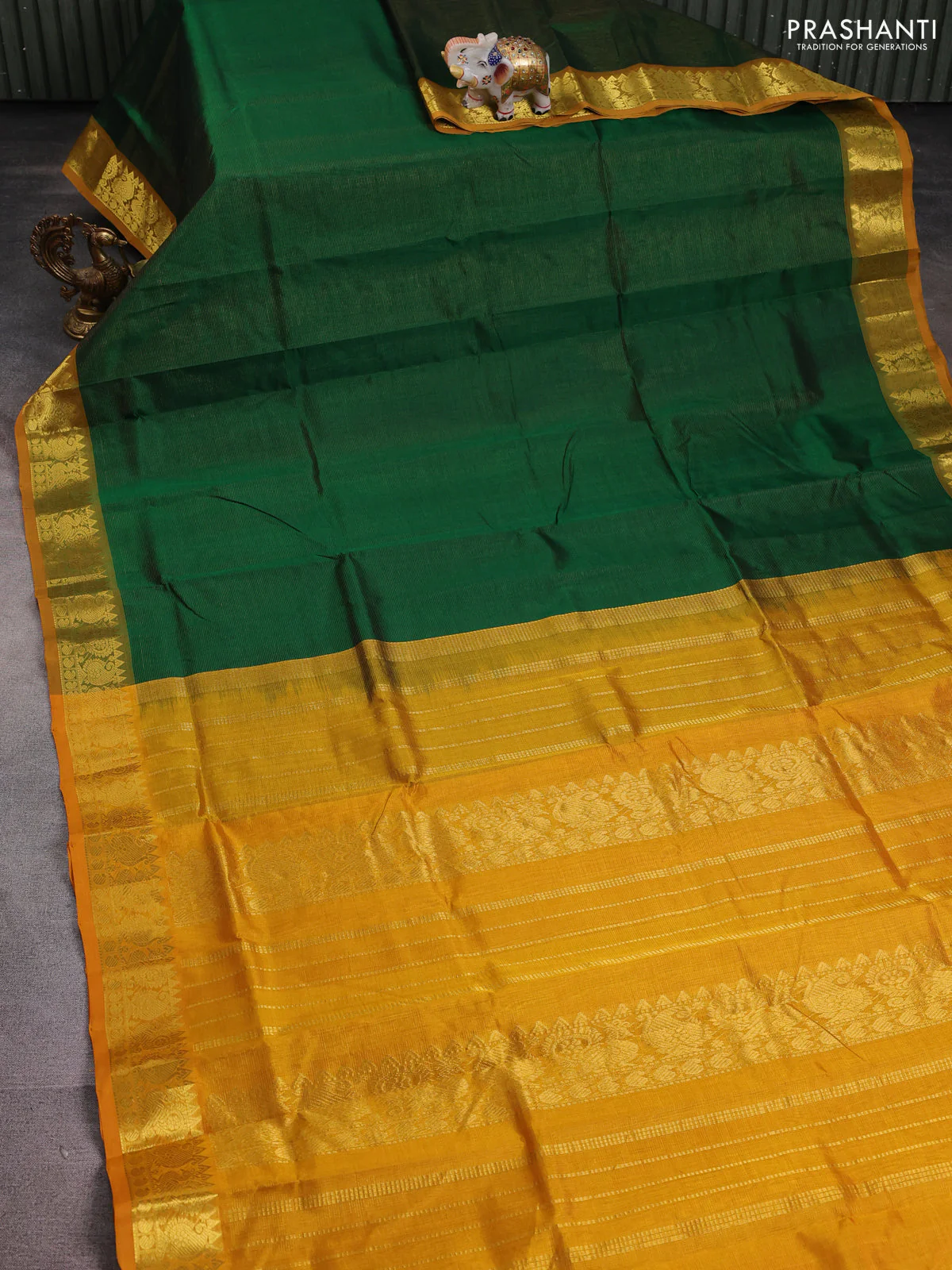 Silk cotton saree green and mango yellow with allover vairosi pattern and zari woven border - Image 2