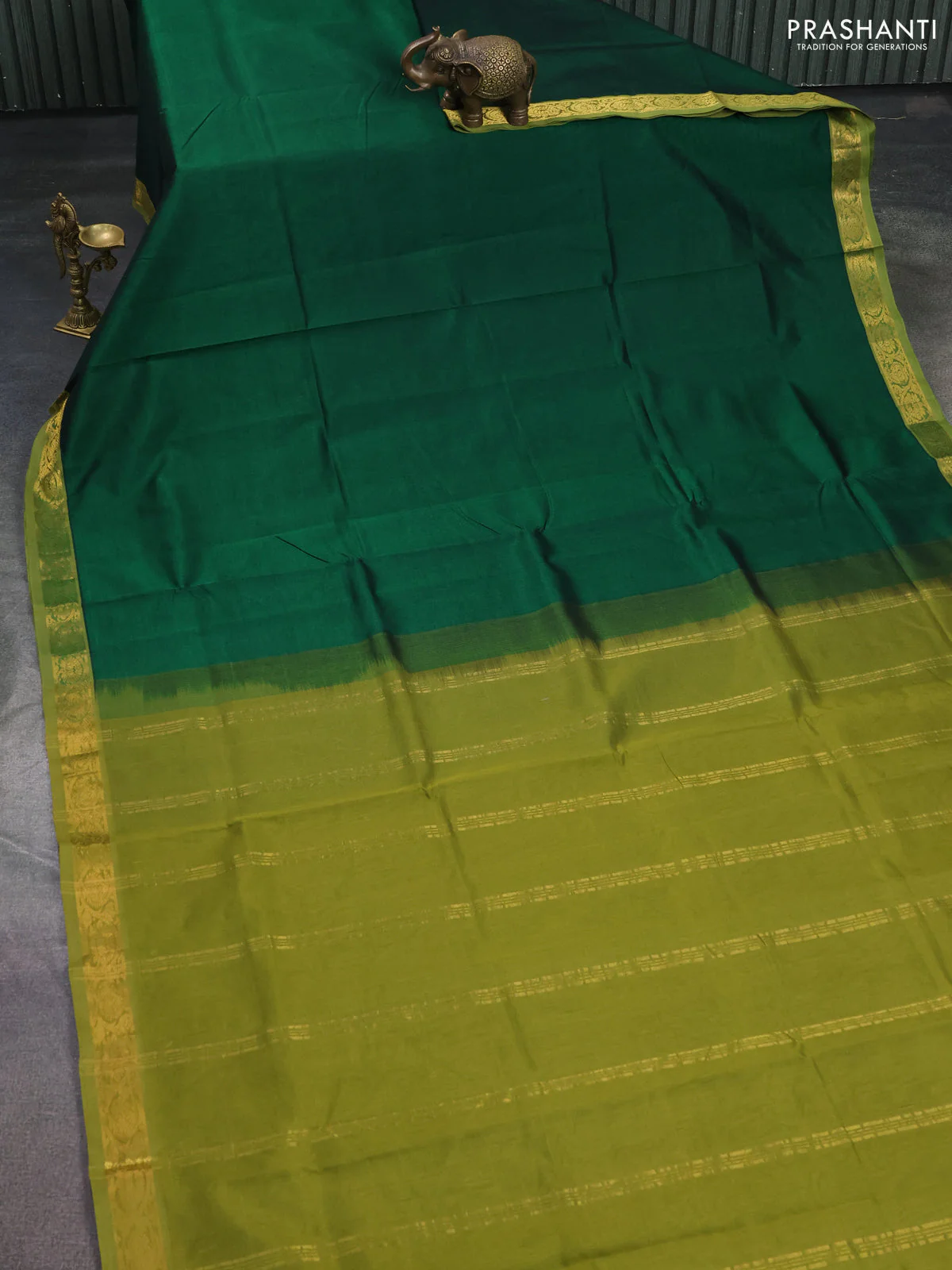 Silk cotton saree green and mehendi green with plain body and zari woven border - Image 2