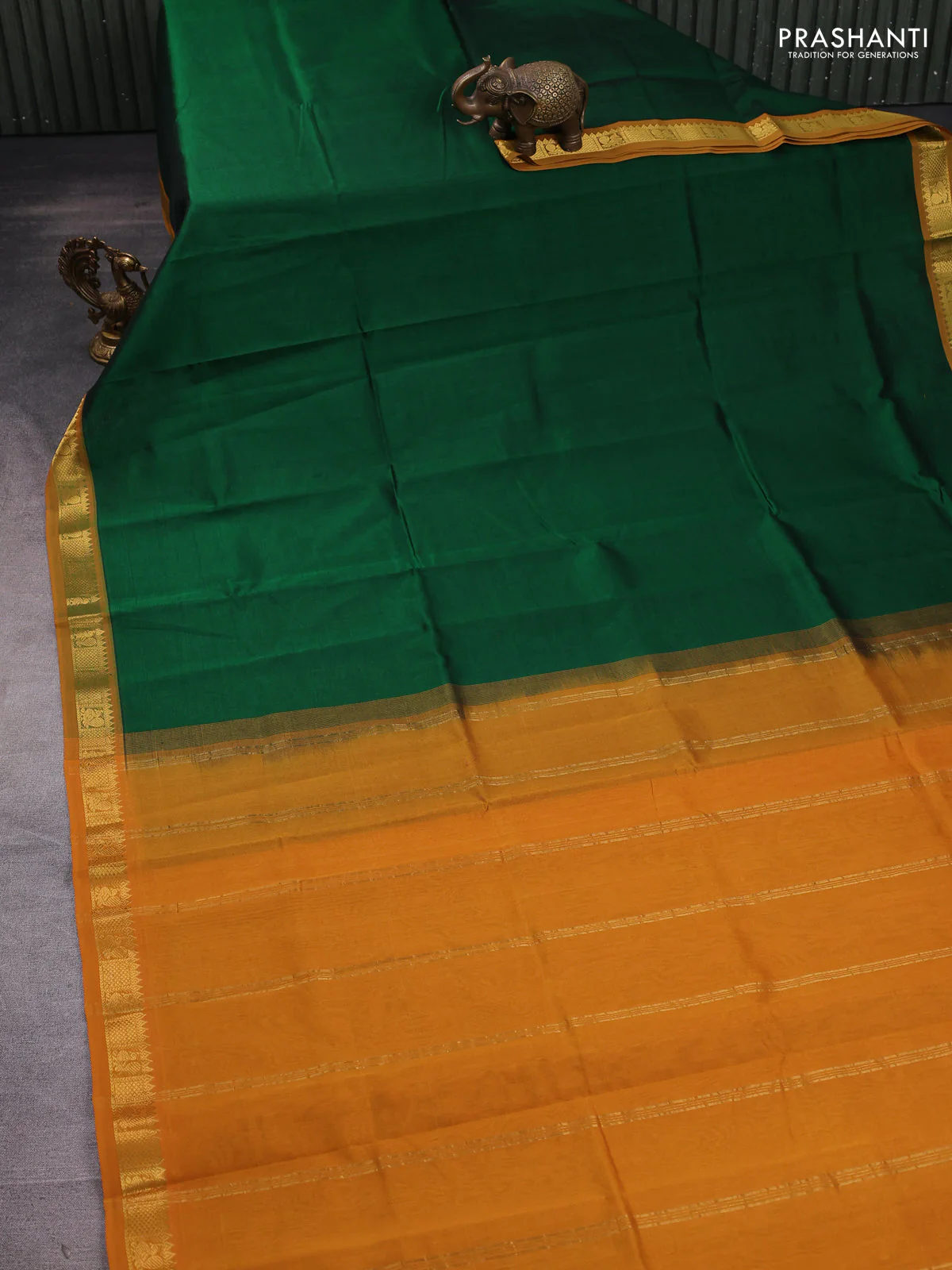 Silk cotton saree green and mustard yellow with plain body and zari woven border - Image 2