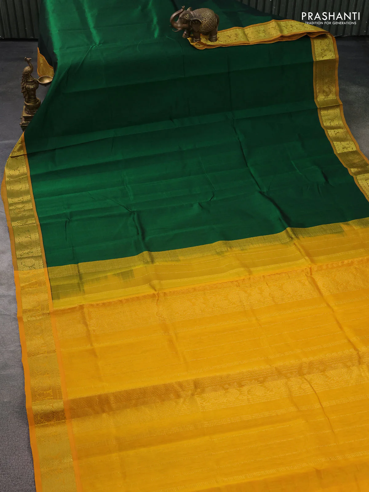 Silk cotton saree green and mustard yellow with plain body and zari woven border - Image 2