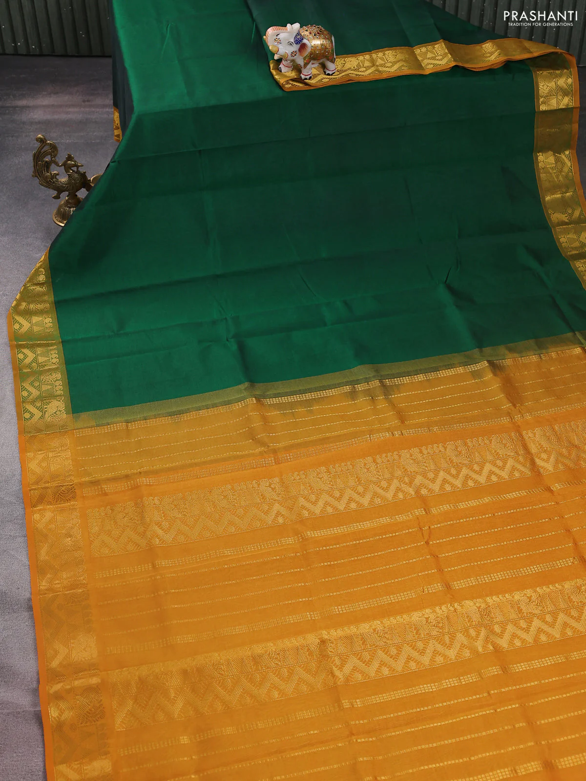 Silk cotton saree green and mustard yellow with plain body and zari woven border - Image 2