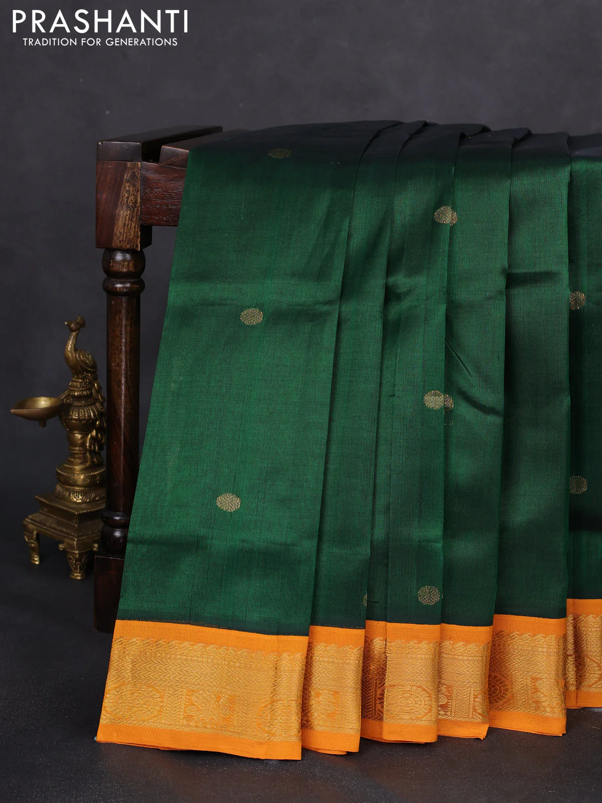 Silk cotton saree green and mustard yellow with rudhraksha zari woven buttas and zari woven korvai border