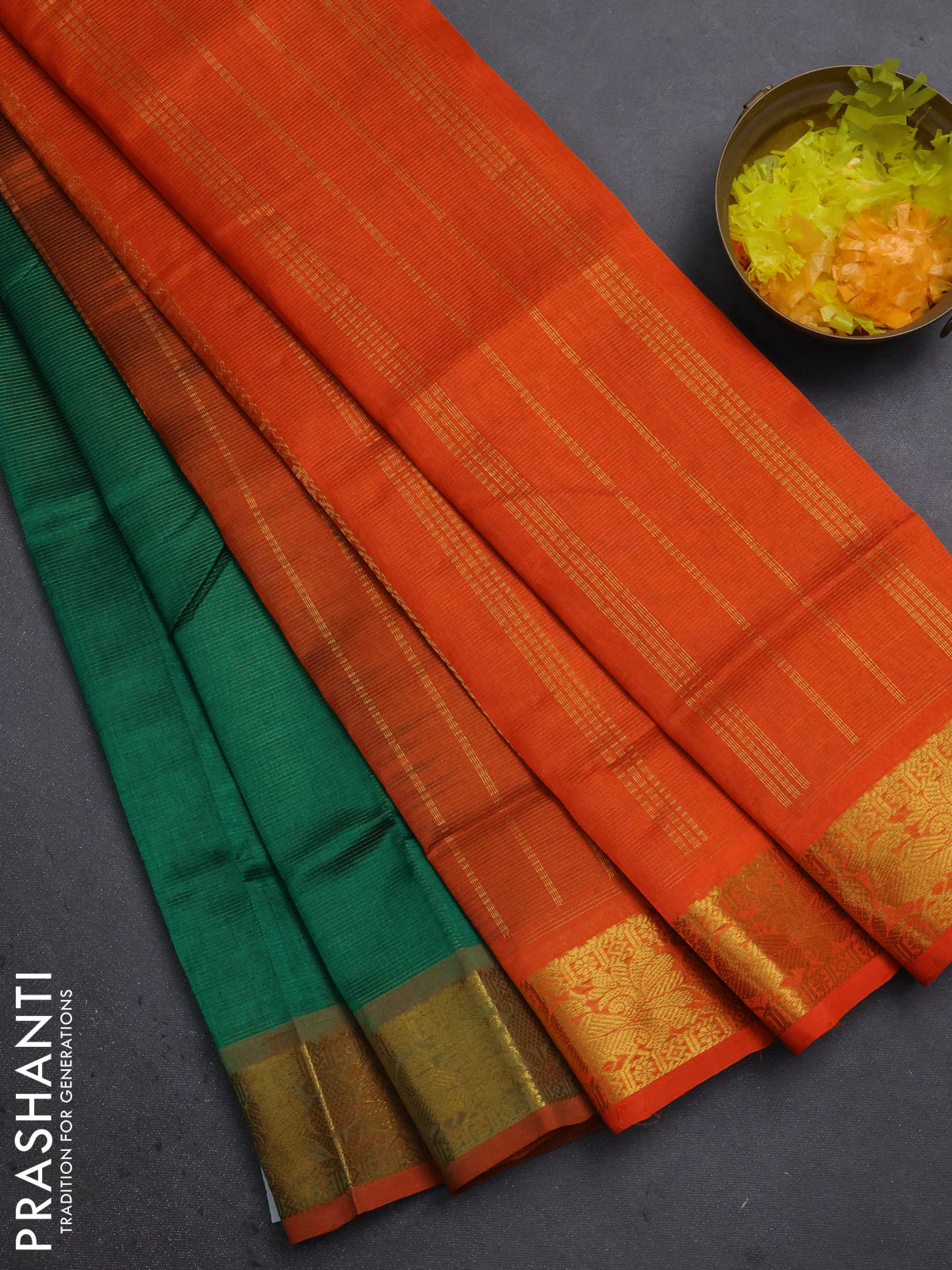 Silk cotton saree green and orange with allover vairosi pattern and annam & paisley zari woven buttas