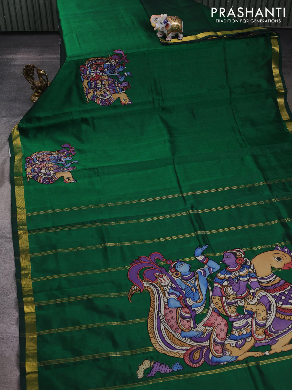 Silk cotton saree green with kalamkari applique work and zari woven border - Image 2