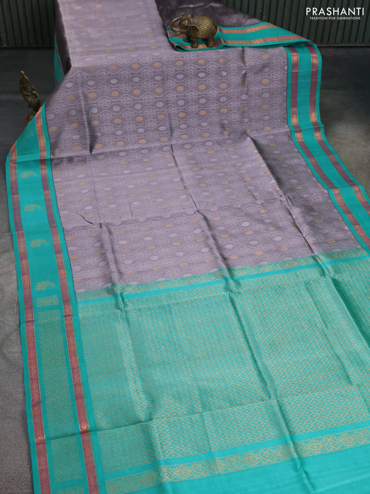 Silk cotton saree grey and teal green with allover self emboss & zari buttas and rettapet zari woven korvai border - Image 2