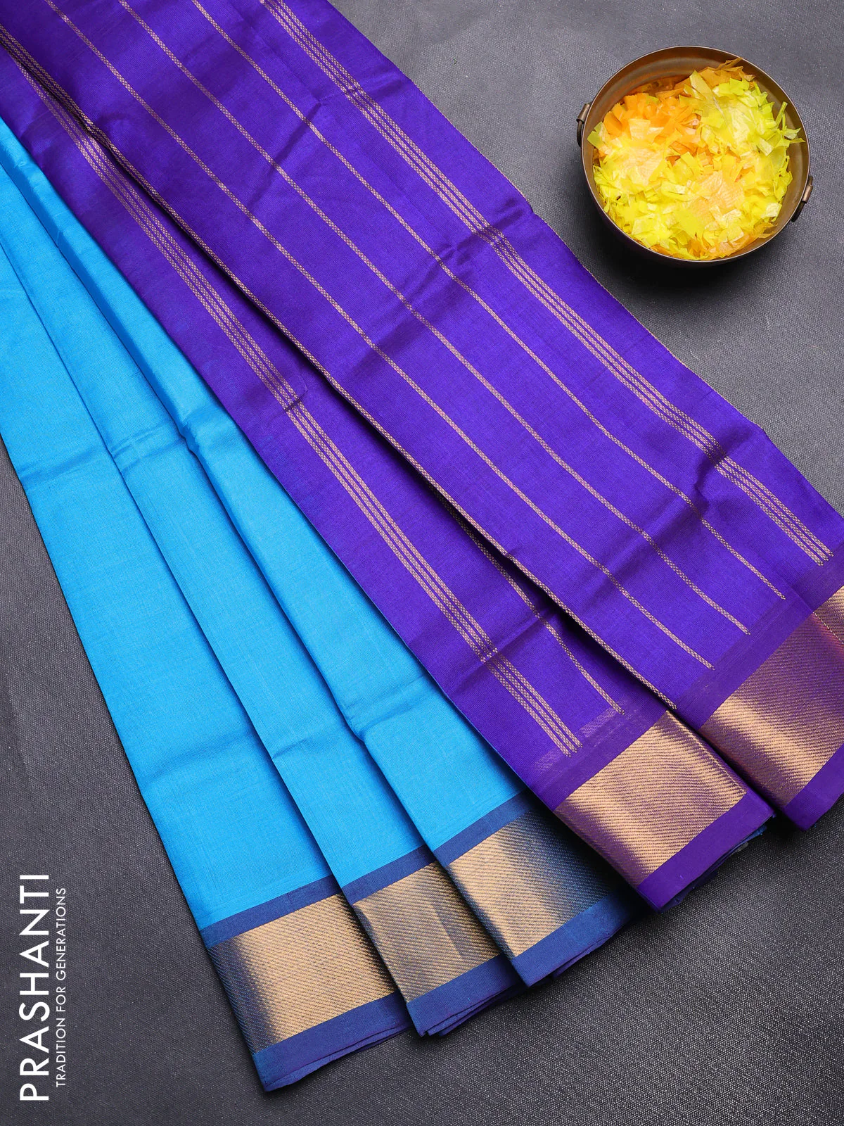 Silk cotton saree light blue and blue with plain body and zari woven border