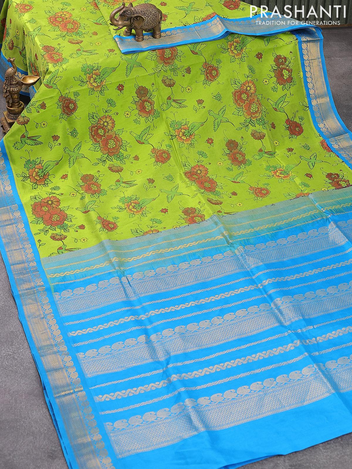 Silk cotton saree light green and cs blue with allover kalamkari prints and zari woven korvai border - Image 2