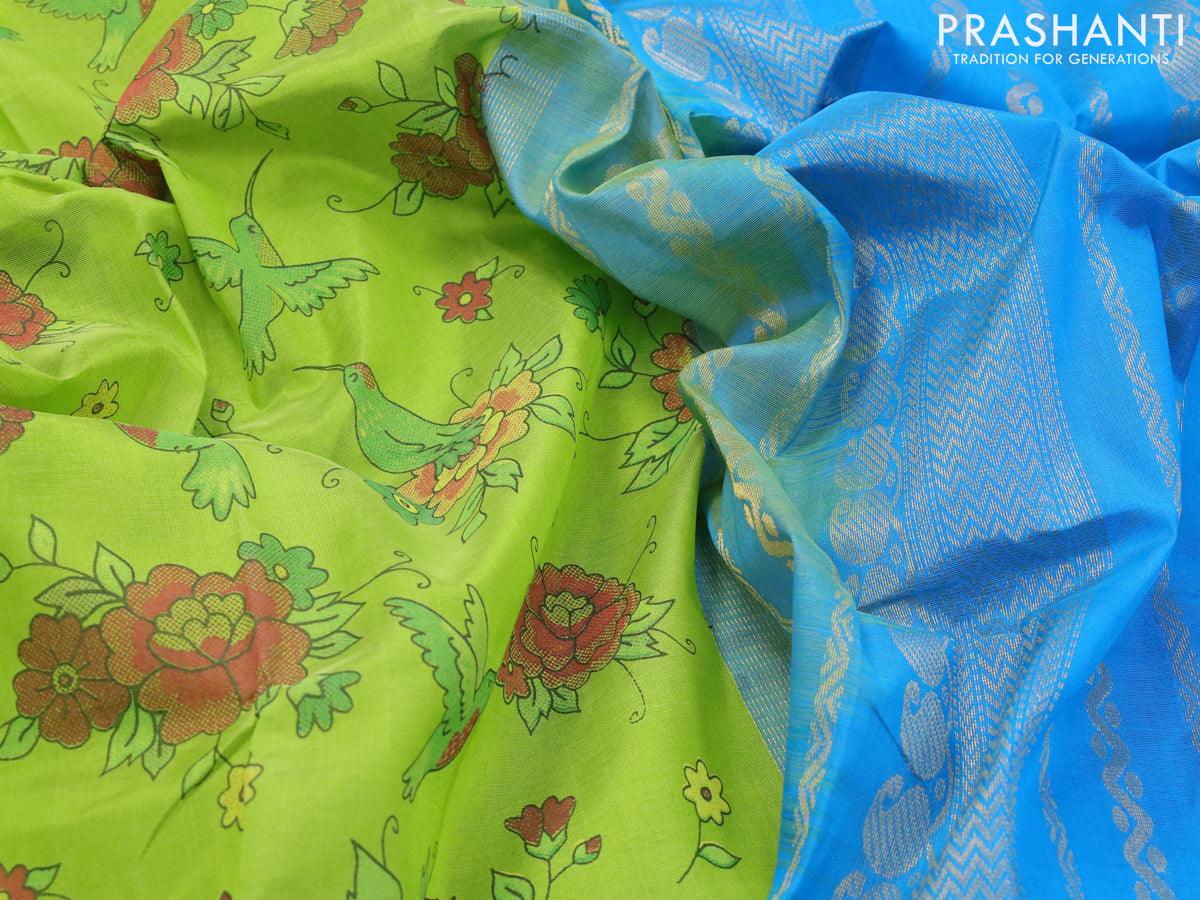 Silk cotton saree light green and cs blue with allover kalamkari prints and zari woven korvai border - Image 3