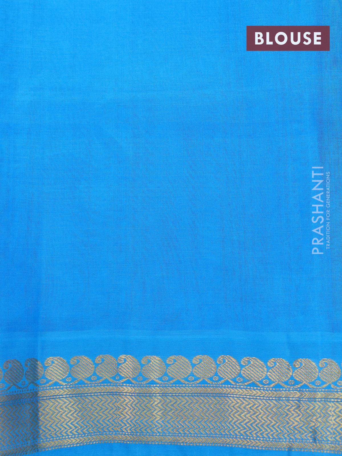 Silk cotton saree light green and cs blue with allover kalamkari prints and zari woven korvai border - Image 4