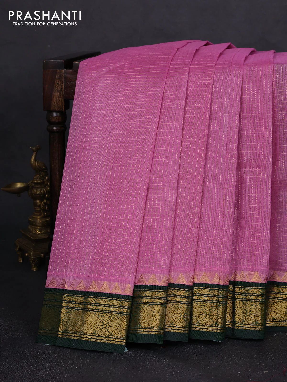 Silk cotton saree light pink and green with allover zari checked pattern and zari woven korvai border