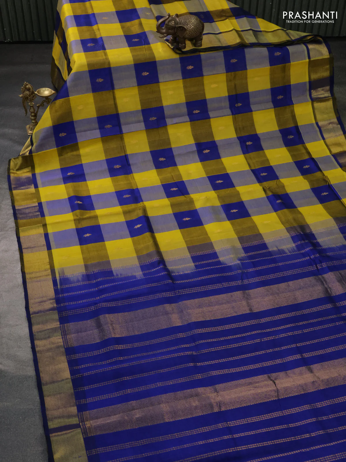 Silk cotton saree lime yellow and blue with allover paalum pazhamum checks & buttas and zari woven border - Image 2