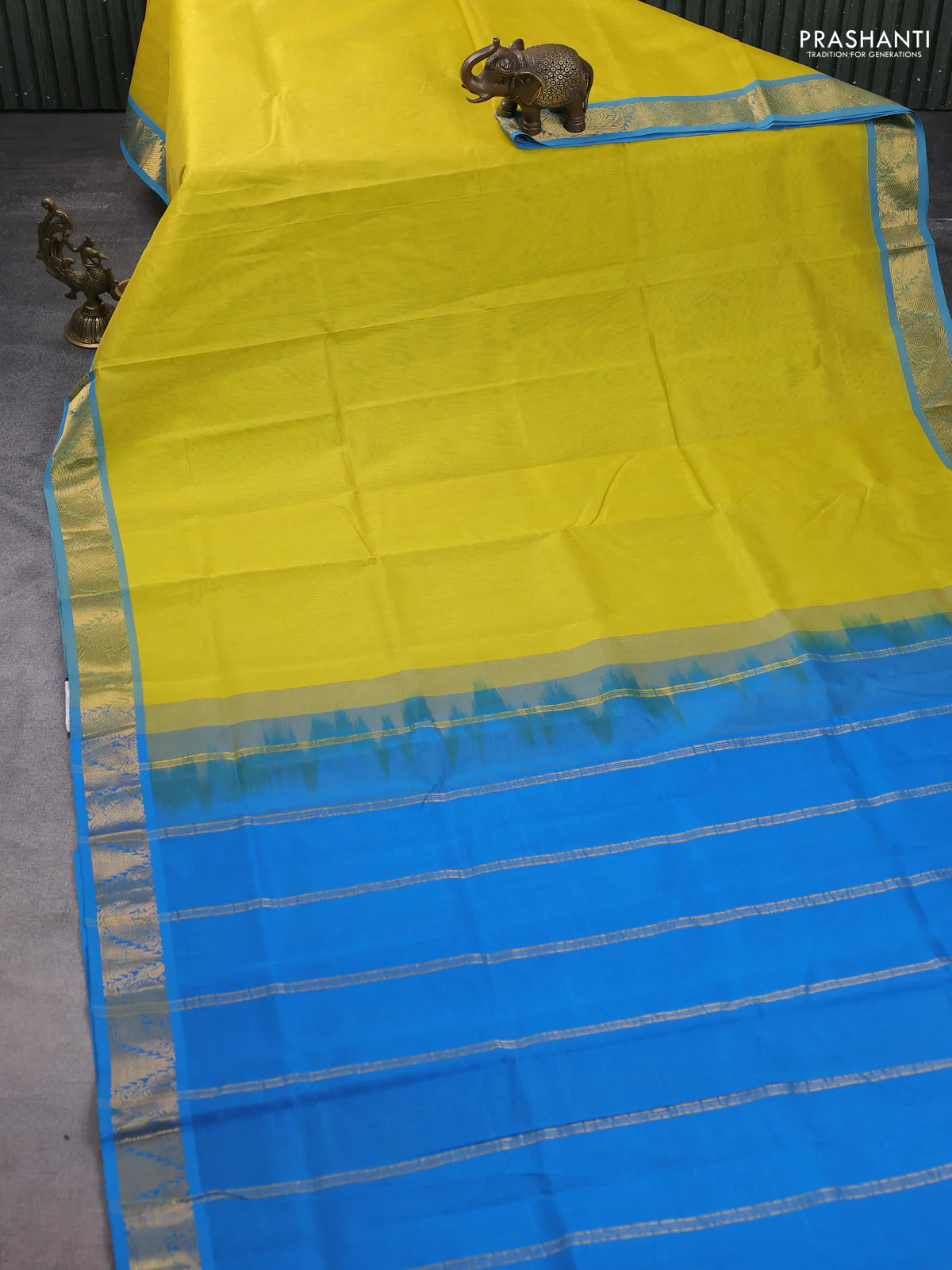 Silk cotton saree lime yellow and cs blue with plain body and annam & temple zari woven border - Image 2