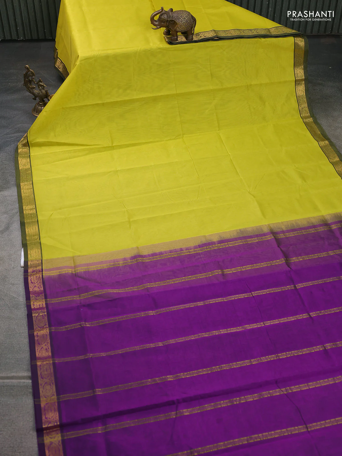 Silk cotton saree lime yellow and purple with plain body and zari woven border - Image 2