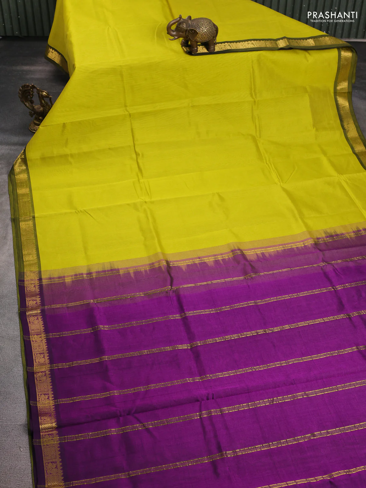 Silk cotton saree lime yellow and purple with plain body and zari woven border - Image 2