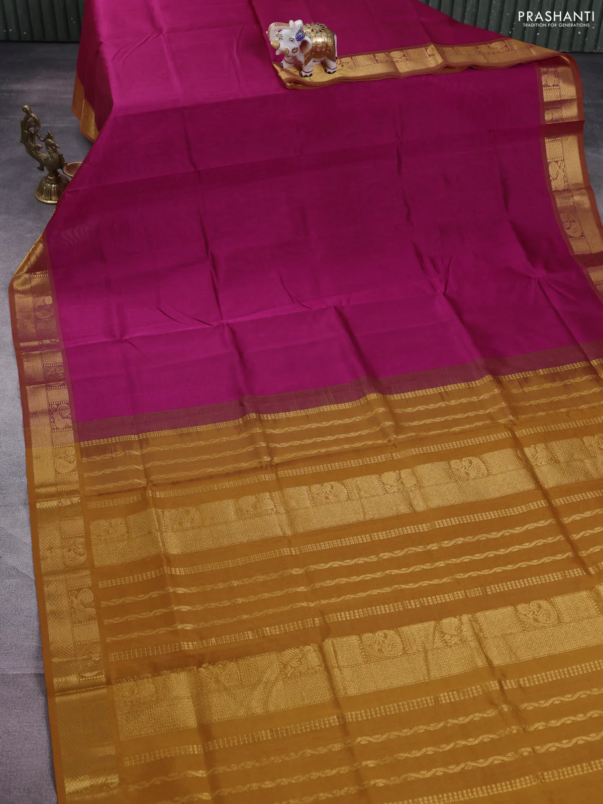 Silk cotton saree magenta pink and mustard yellow with plain body and zari woven border - Image 2