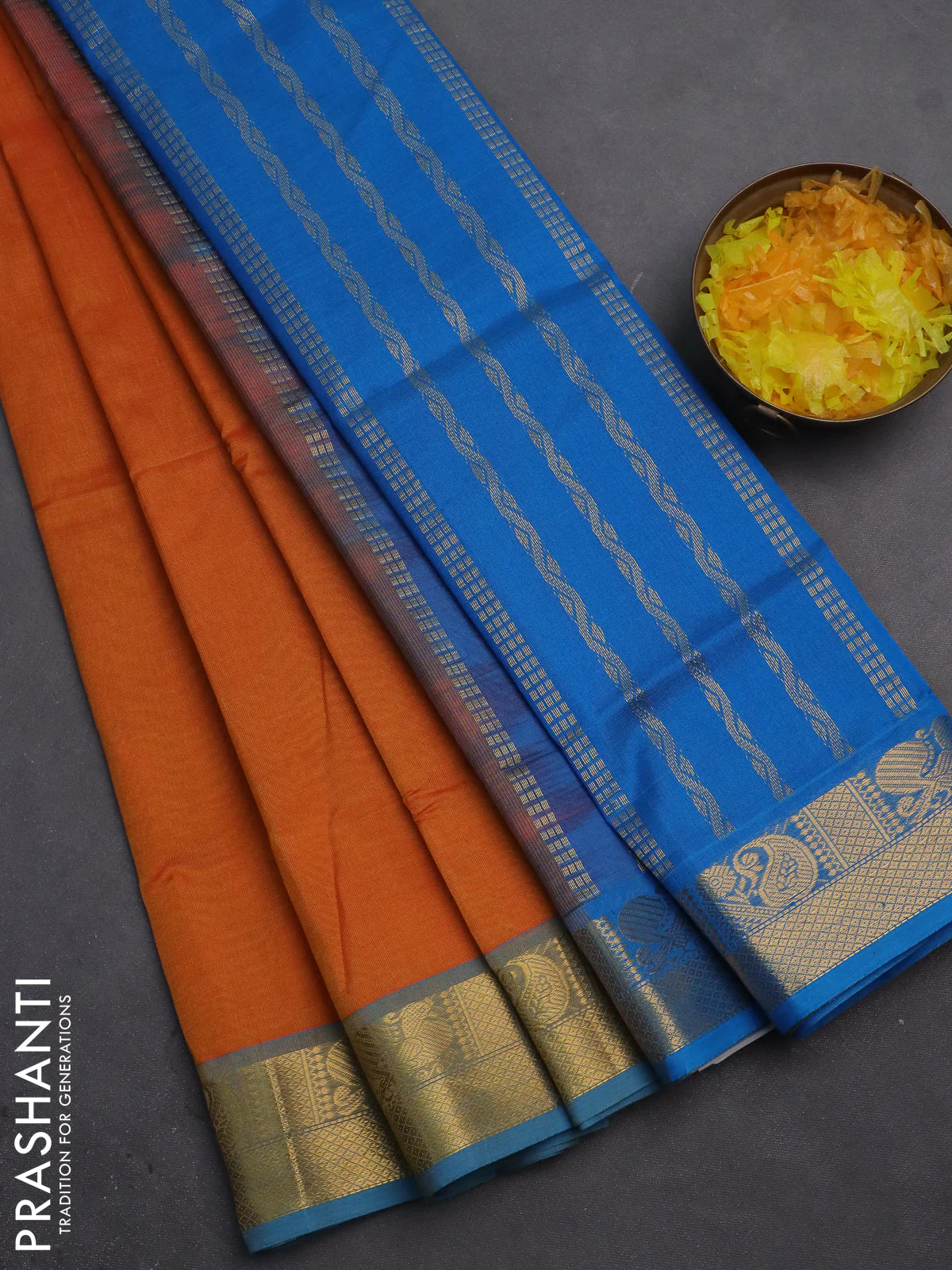Silk cotton saree mango yellow and cs blue with plain body and zari woven border
