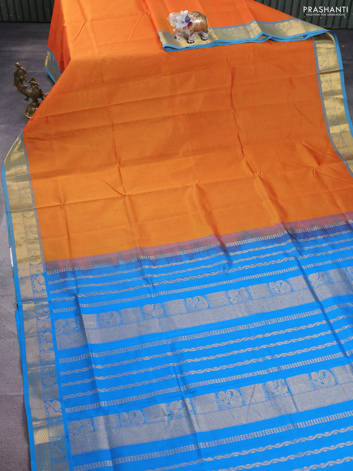 Silk cotton saree mango yellow and cs blue with plain body and zari woven border - Image 2