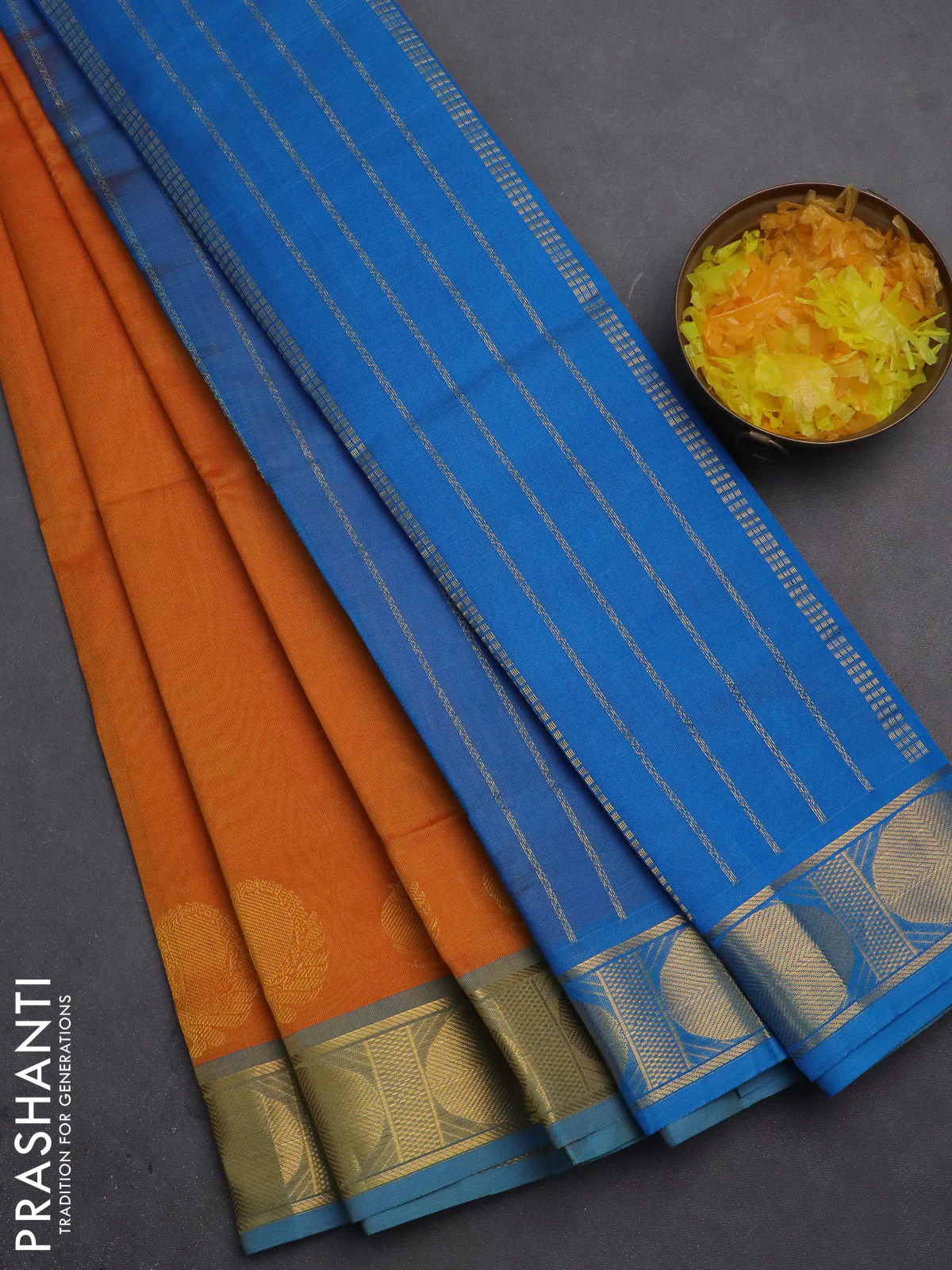Silk cotton saree mango yellow and cs blue with plain body and zari woven border
