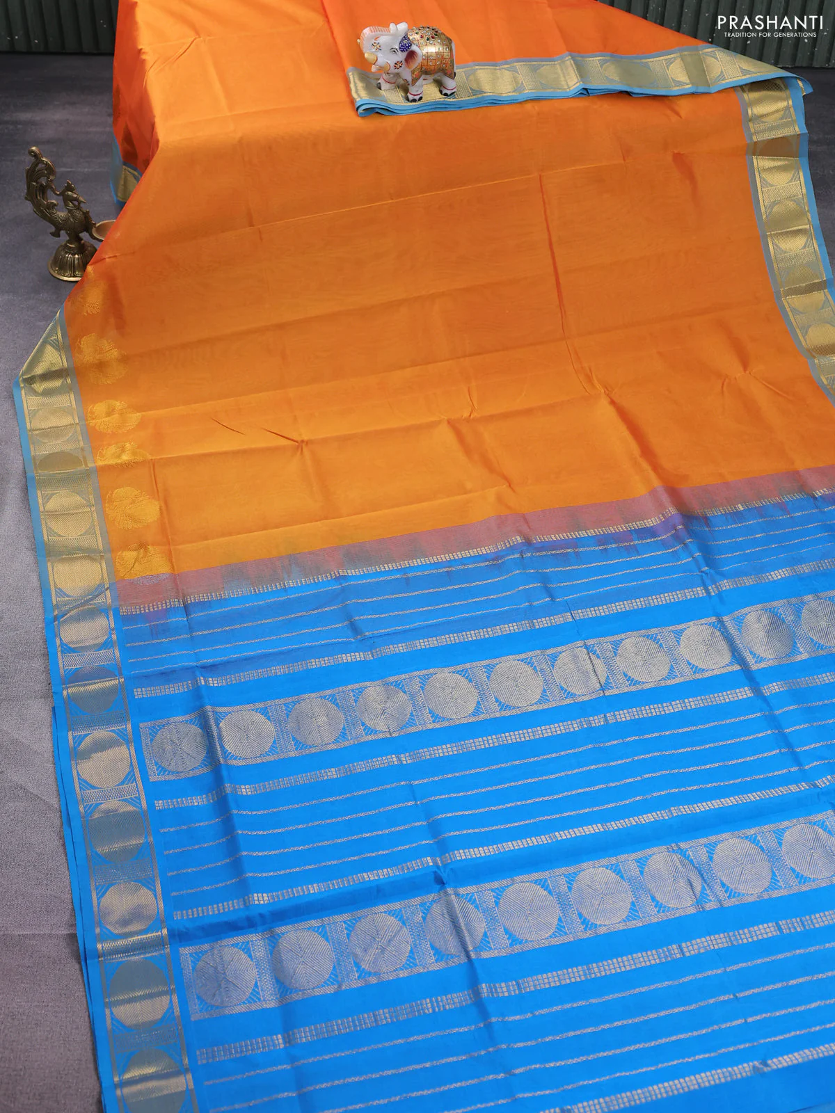 Silk cotton saree mango yellow and cs blue with plain body and zari woven border - Image 2