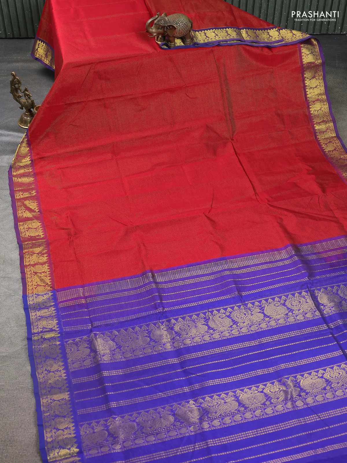 Silk cotton saree maroon and blue with allover vairosi pattern and annam & paisley zari woven buttas - Image 2