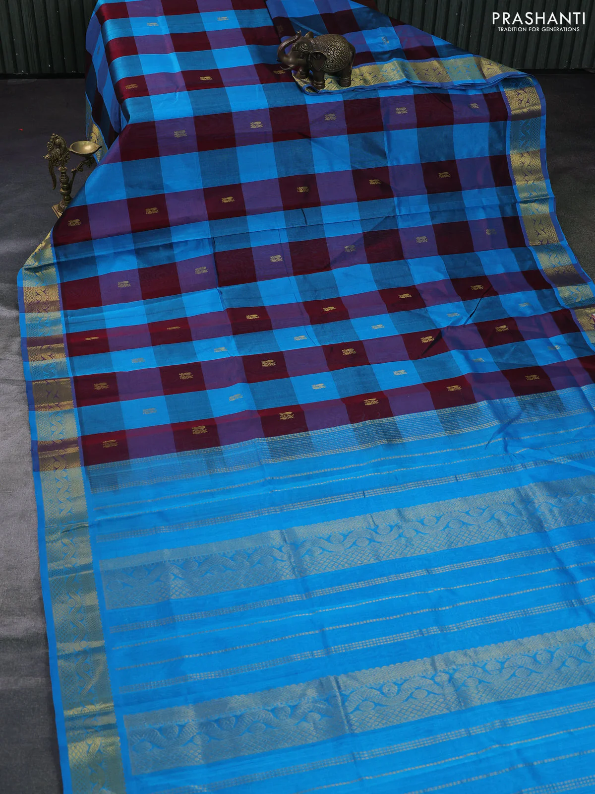 Silk cotton saree maroon and cs blue with allover paalum pazhamum checks & buttas and zari woven border - Image 2