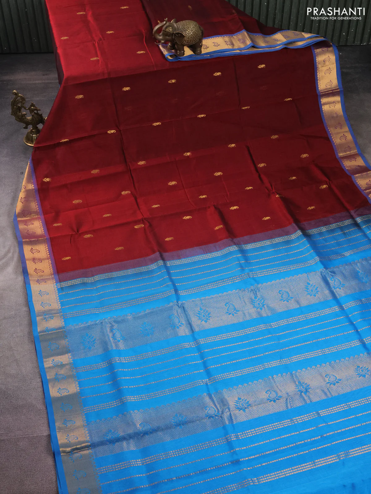 Silk cotton saree maroon and cs blue with zari woven buttas and zari woven border - Image 2