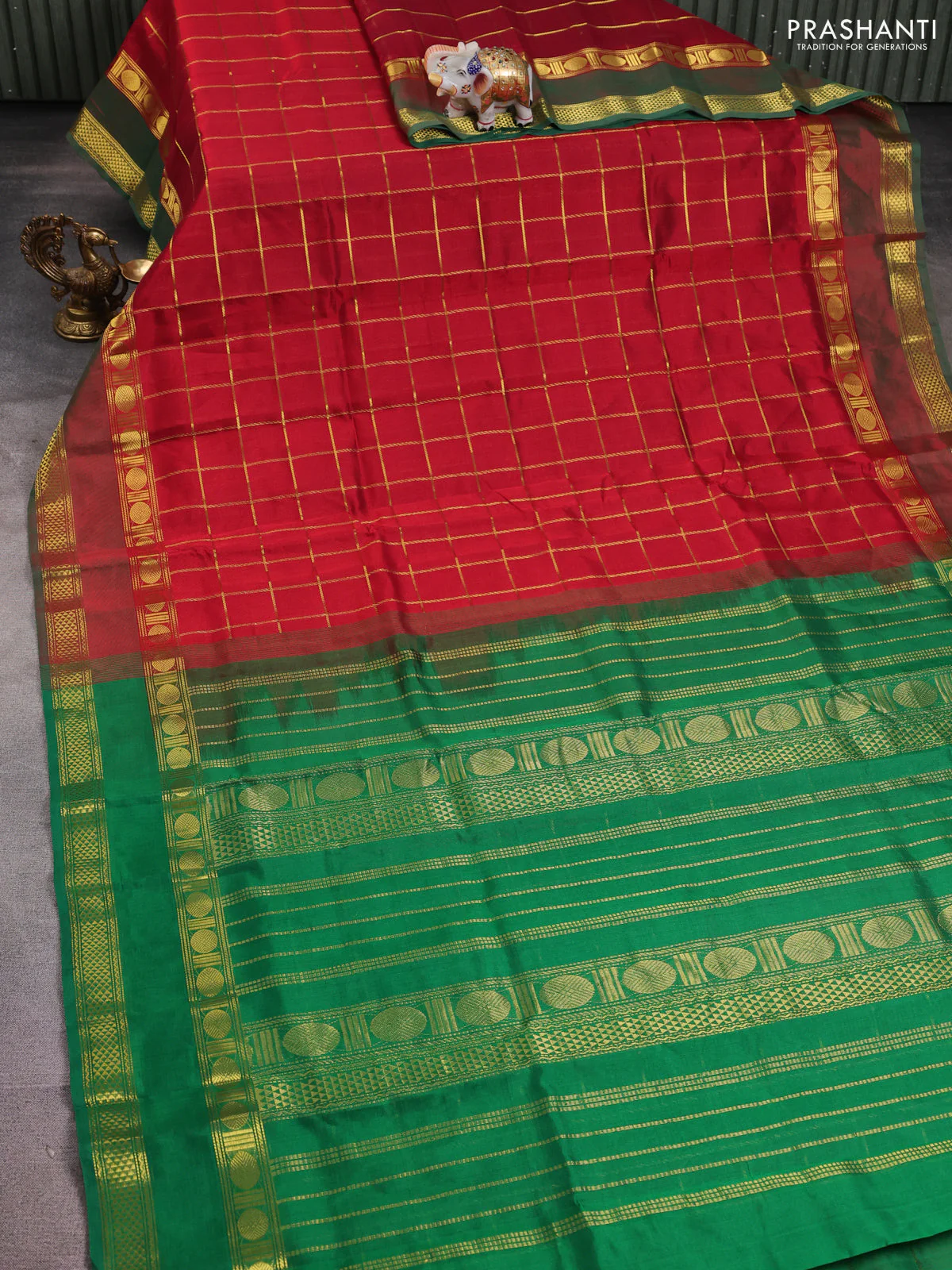 Silk cotton saree maroon and green with allover zari woven checks pattern and zari woven border - Image 2