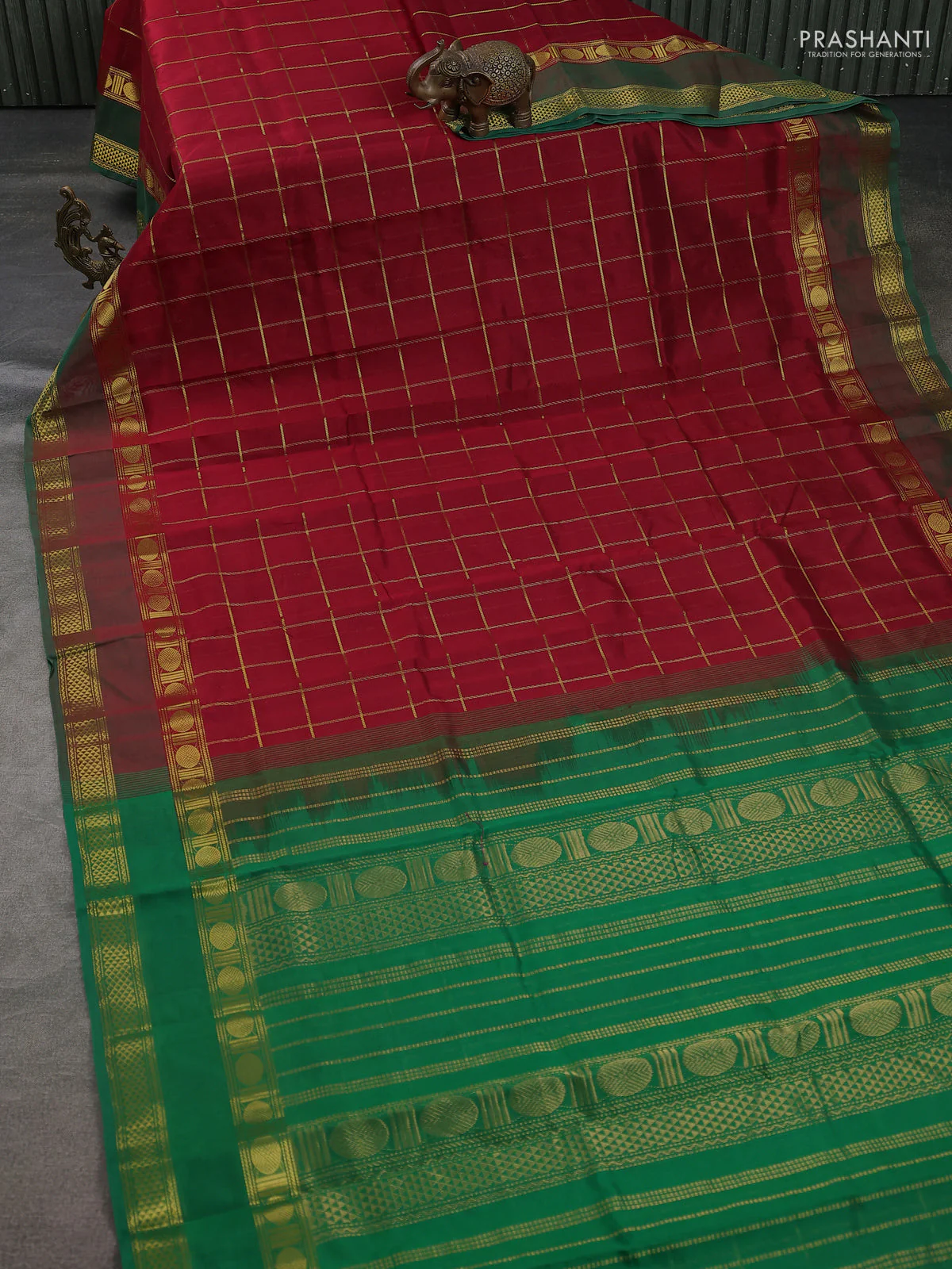 Silk cotton saree maroon and green with allover zari woven checks pattern and zari woven border - Image 2