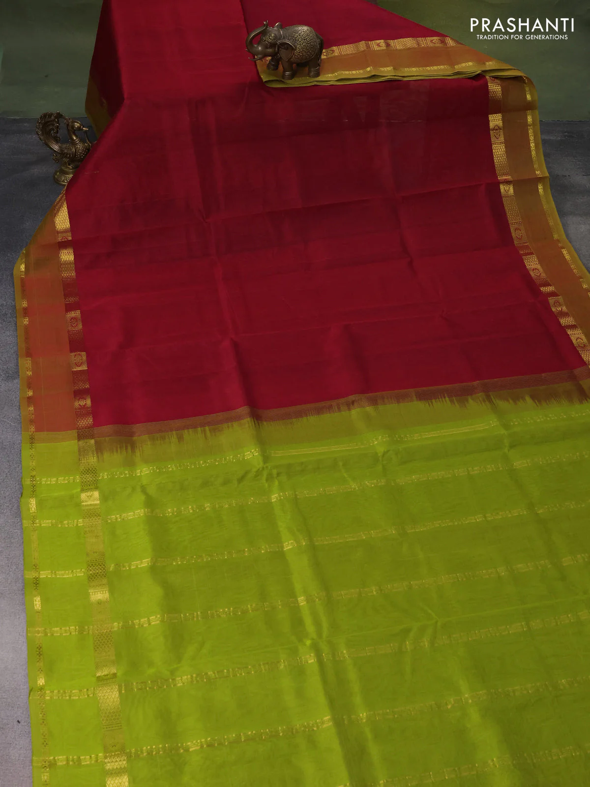 Silk cotton saree maroon and light green with plain body and rettapet zari woven border - Image 2