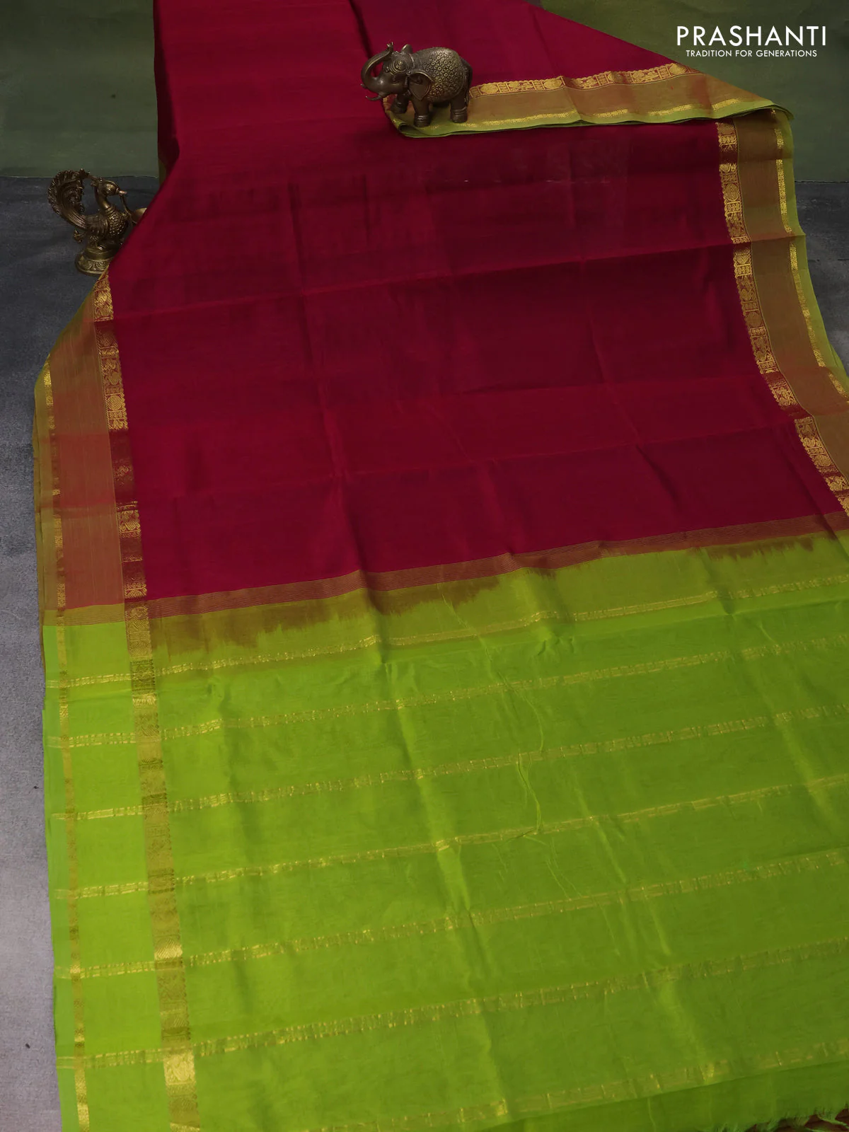 Silk cotton saree maroon and light green with plain body and rettapet zari woven border - Image 2