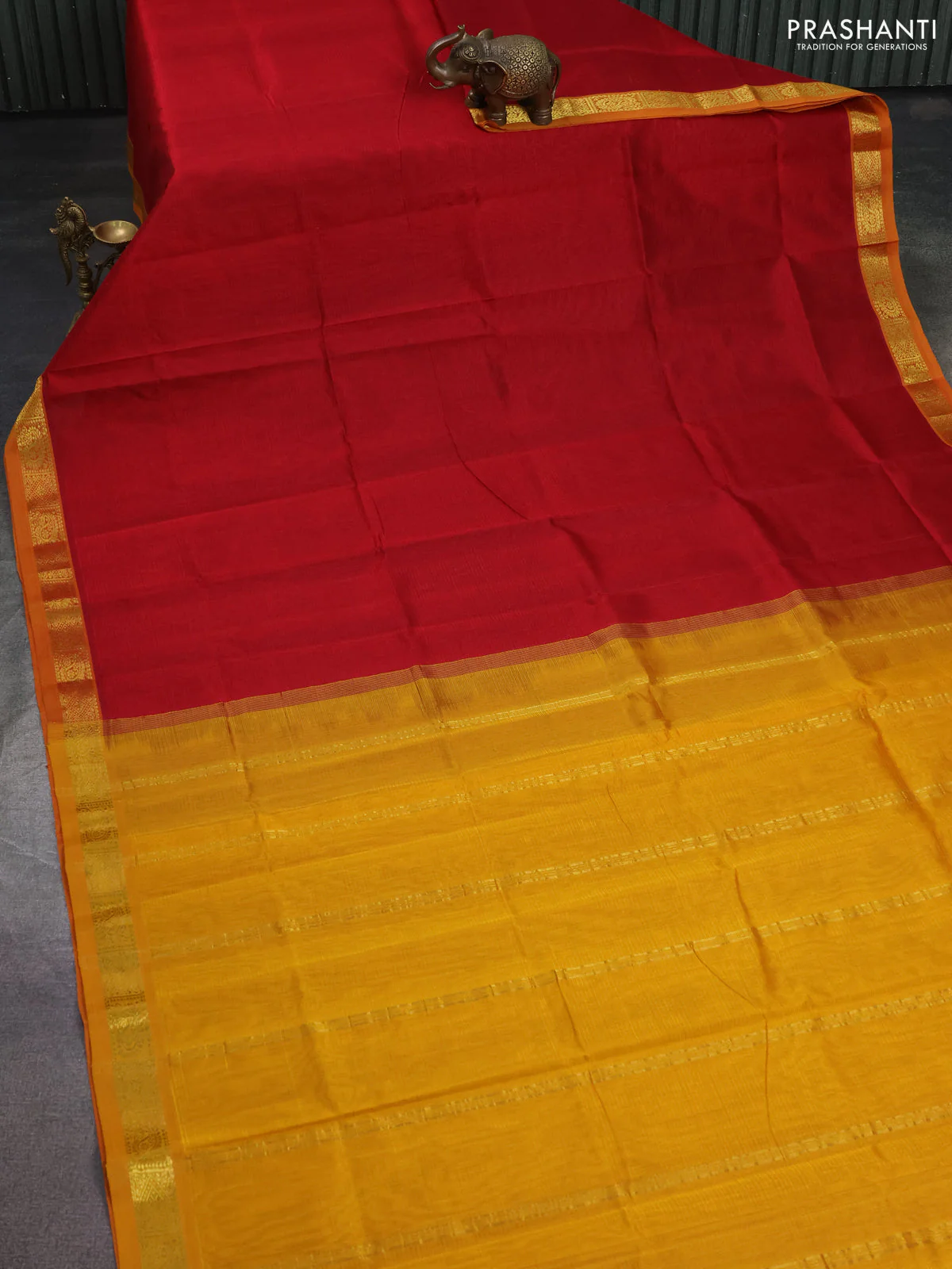 Silk cotton saree maroon and mustard yellow with plain body and zari woven border - Image 2