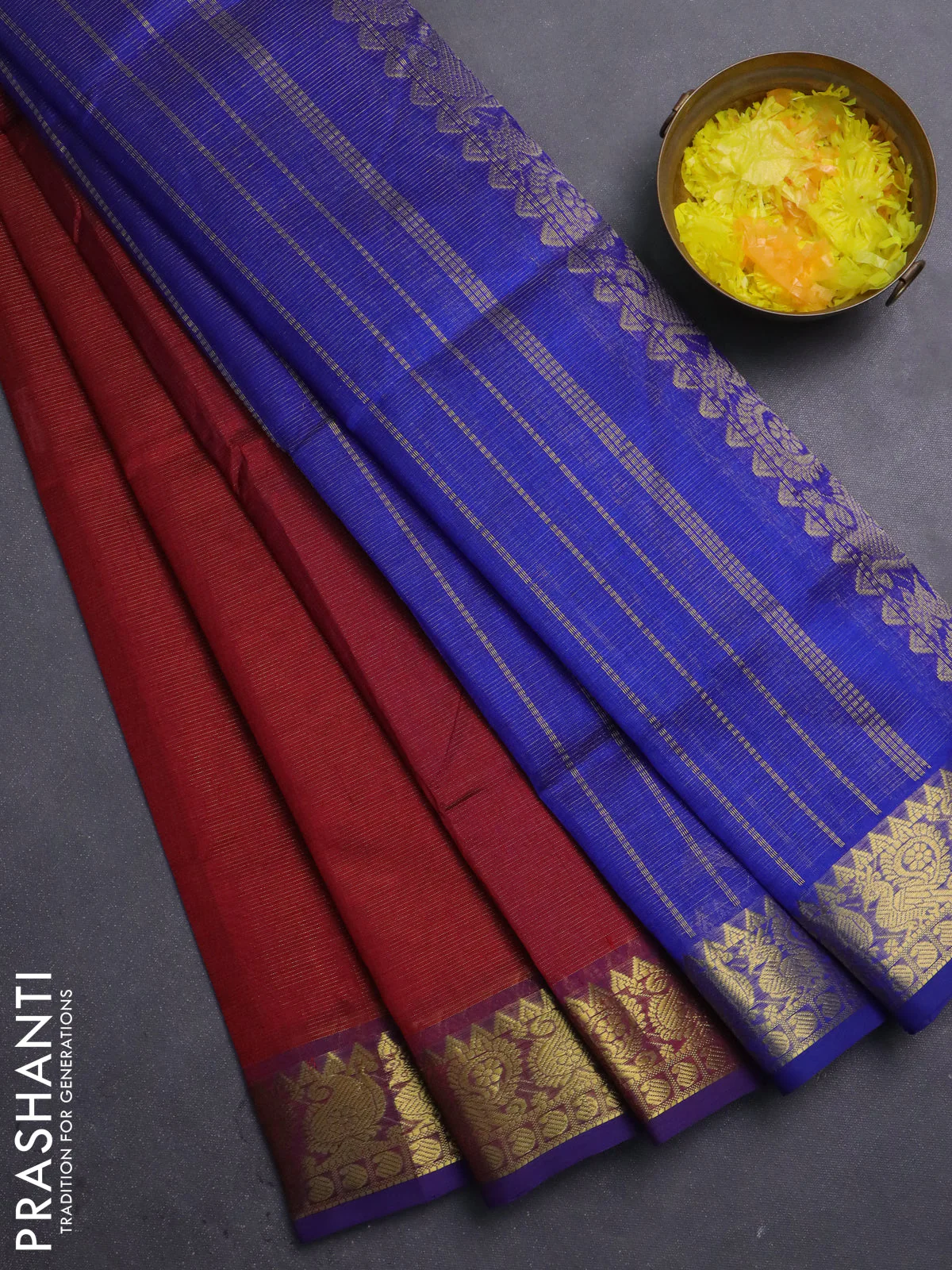 Silk cotton saree maroon and violet with allover vairosi pattern and annam zari woven border