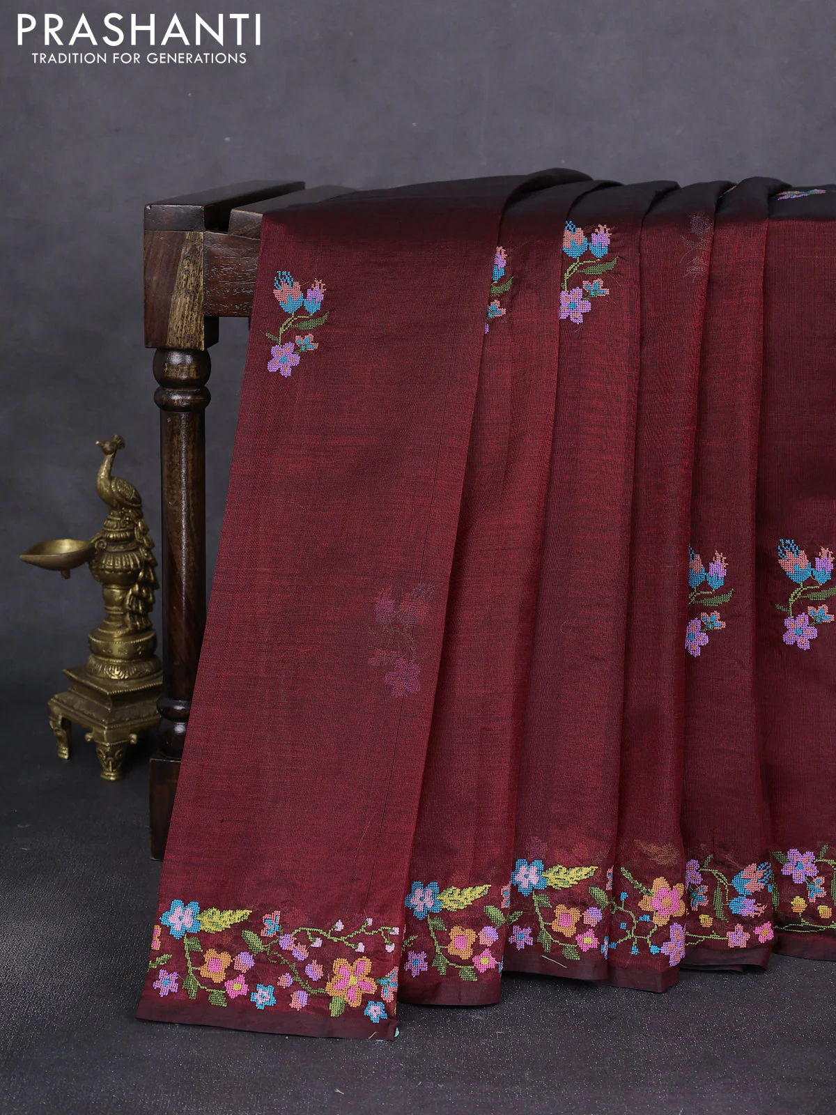 Silk cotton saree maroon with floral embroidery buttas and embroidery border - Image 2