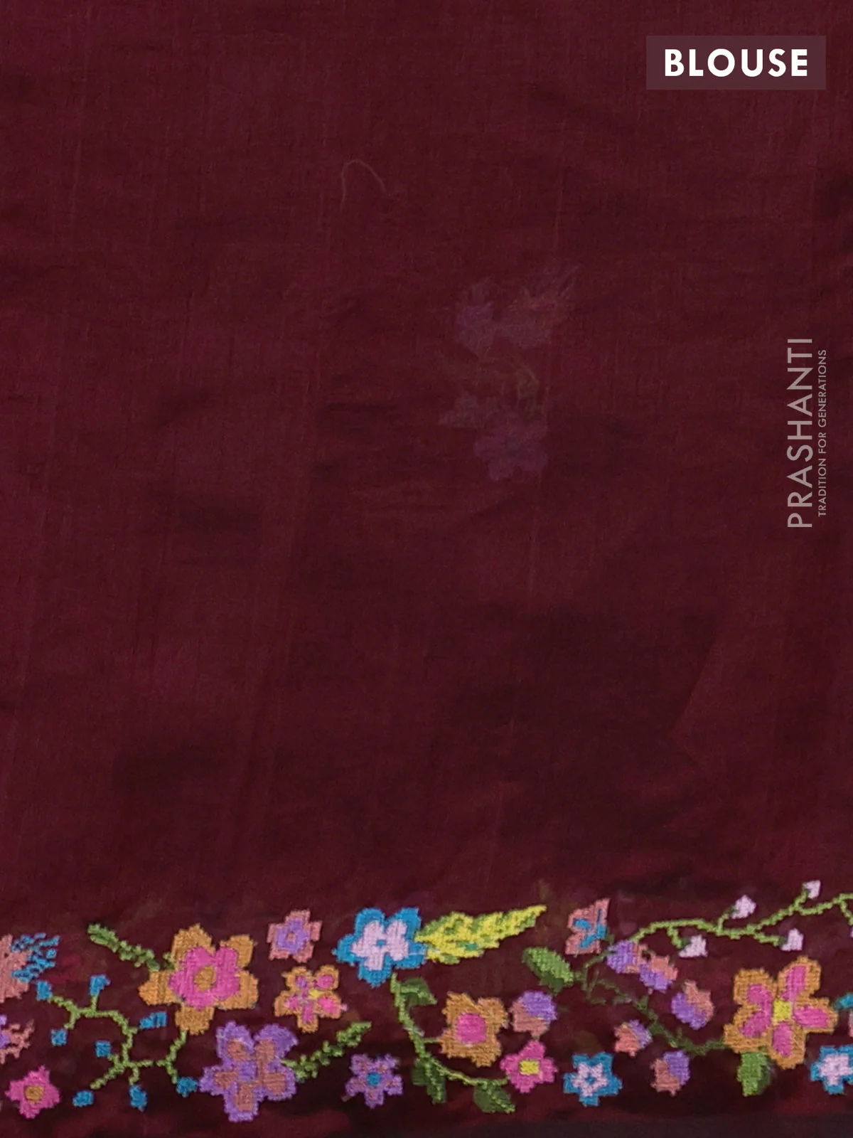Silk cotton saree maroon with floral embroidery buttas and embroidery border - Image 3