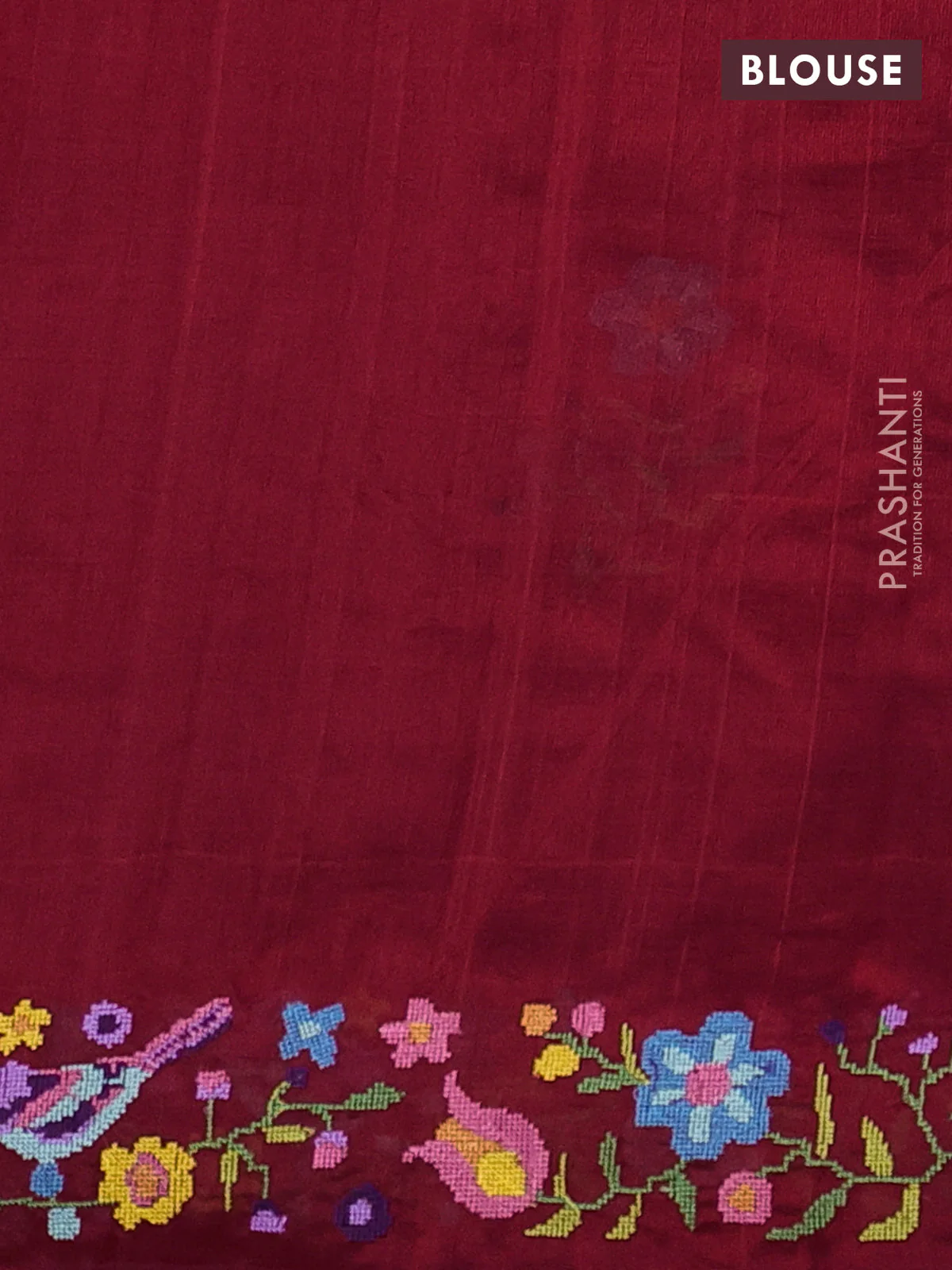 Silk cotton saree maroon with floral embroidery buttas and embroidery border - Image 3