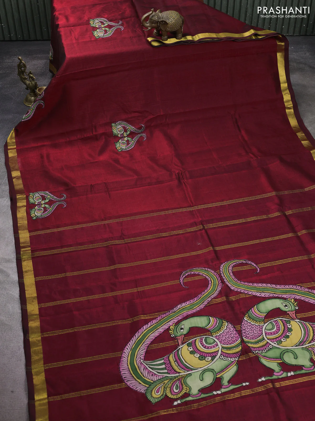 Silk cotton saree maroon with kalamkari applique work and zari woven border - Image 2