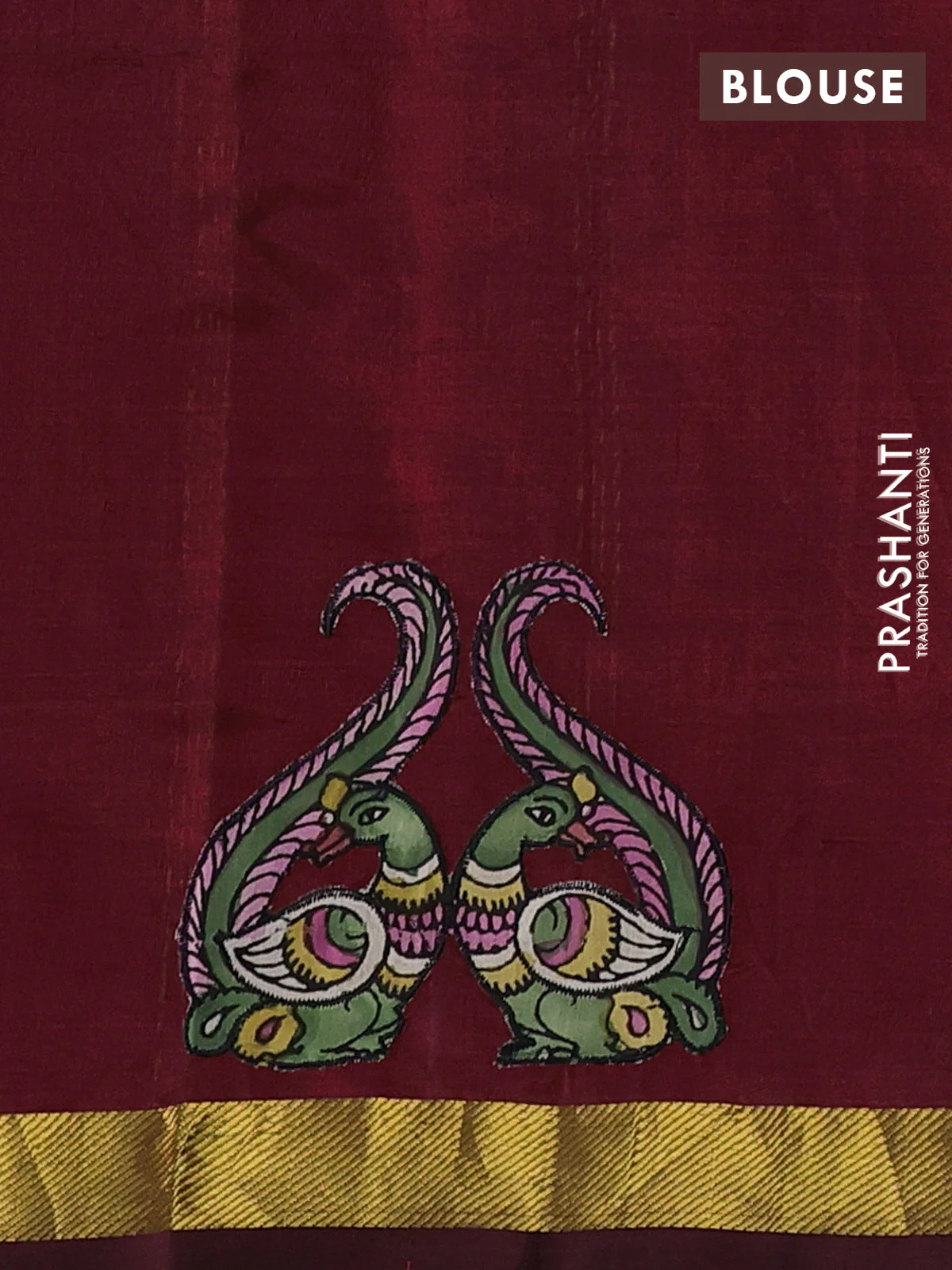 Silk cotton saree maroon with kalamkari applique work and zari woven border - Image 3