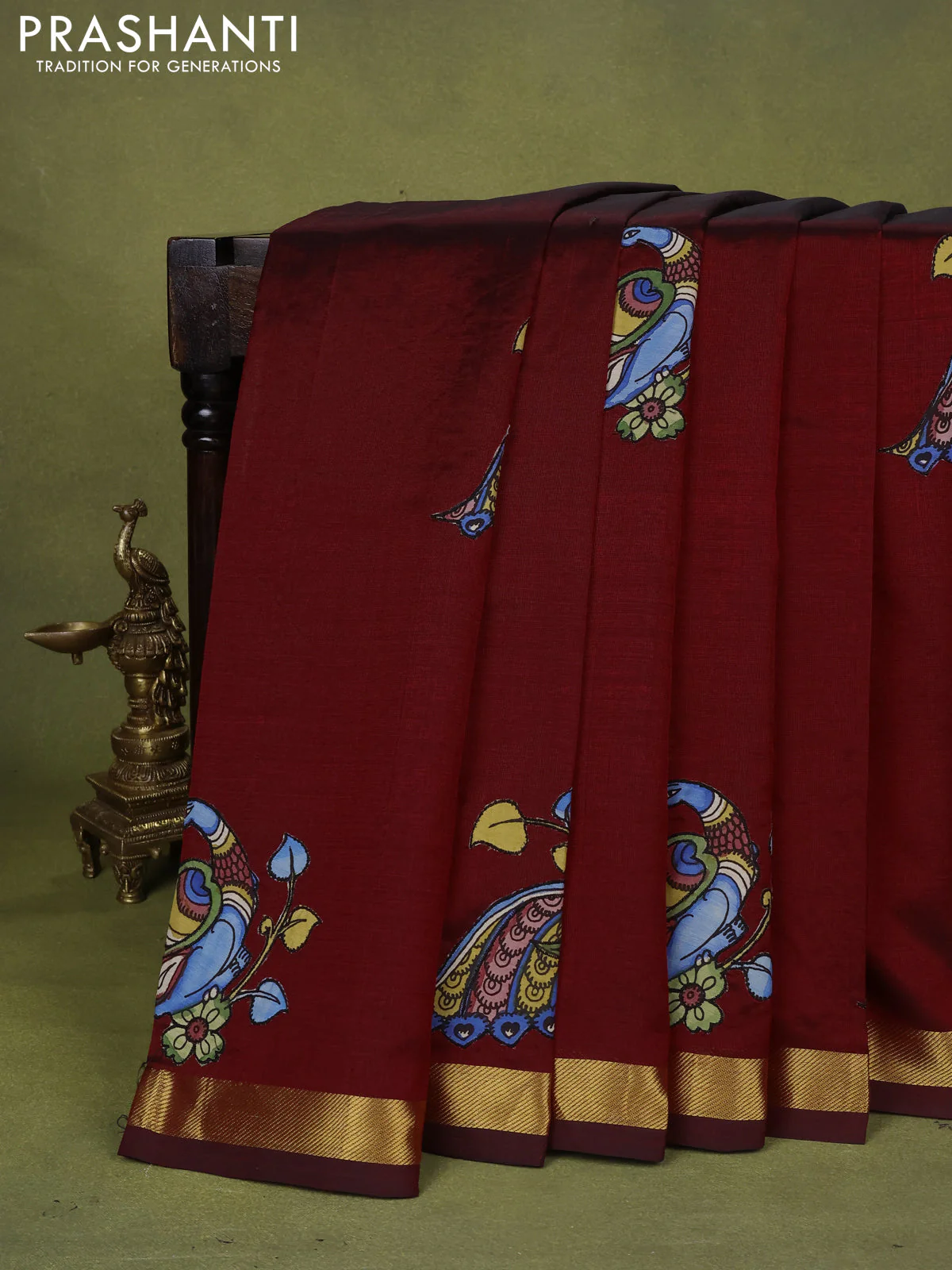 Silk cotton saree maroon with kalamkari applique work and zari woven border - Image 2