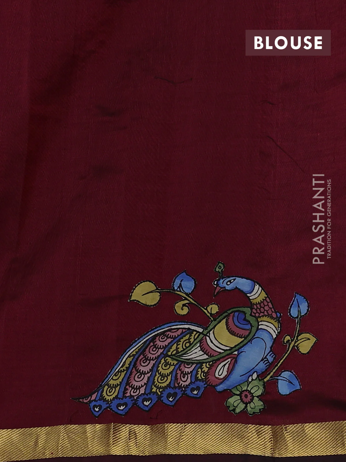 Silk cotton saree maroon with kalamkari applique work and zari woven border - Image 3