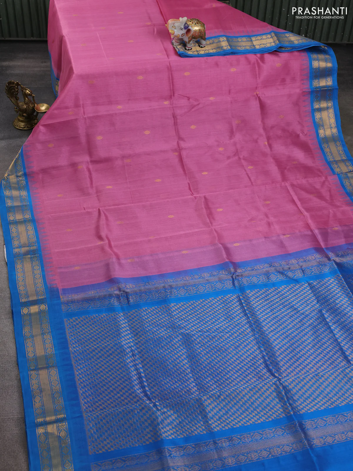 Silk cotton saree mauve pink and cs blue with zari woven buttas and temple design zari woven korvai border - Image 2