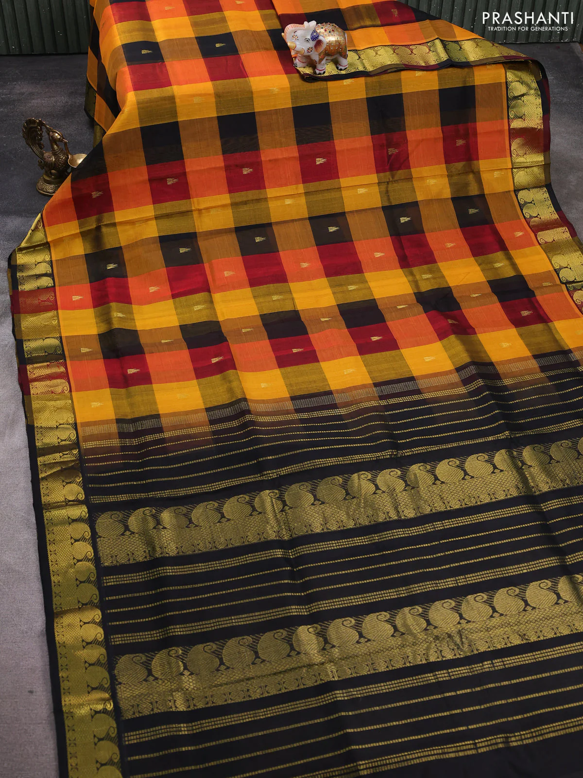Silk cotton saree multi colour and black with allover paalum pazhamum checks & buttas and paisley zari woven border - Image 2
