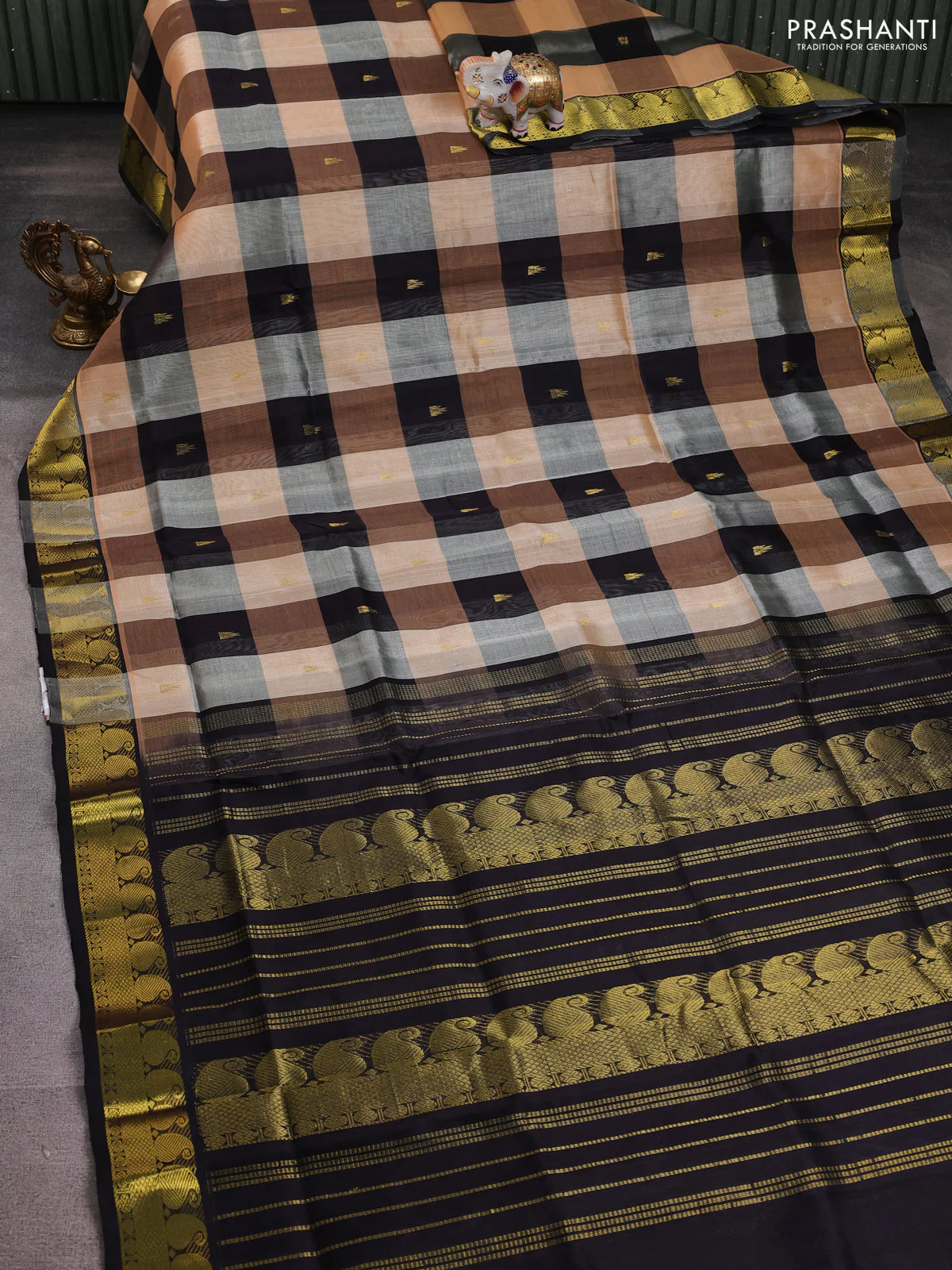 Silk cotton saree multi colour and black with allover paalum pazhamum checks pattern & temple zari buttas and zari woven border - Image 2