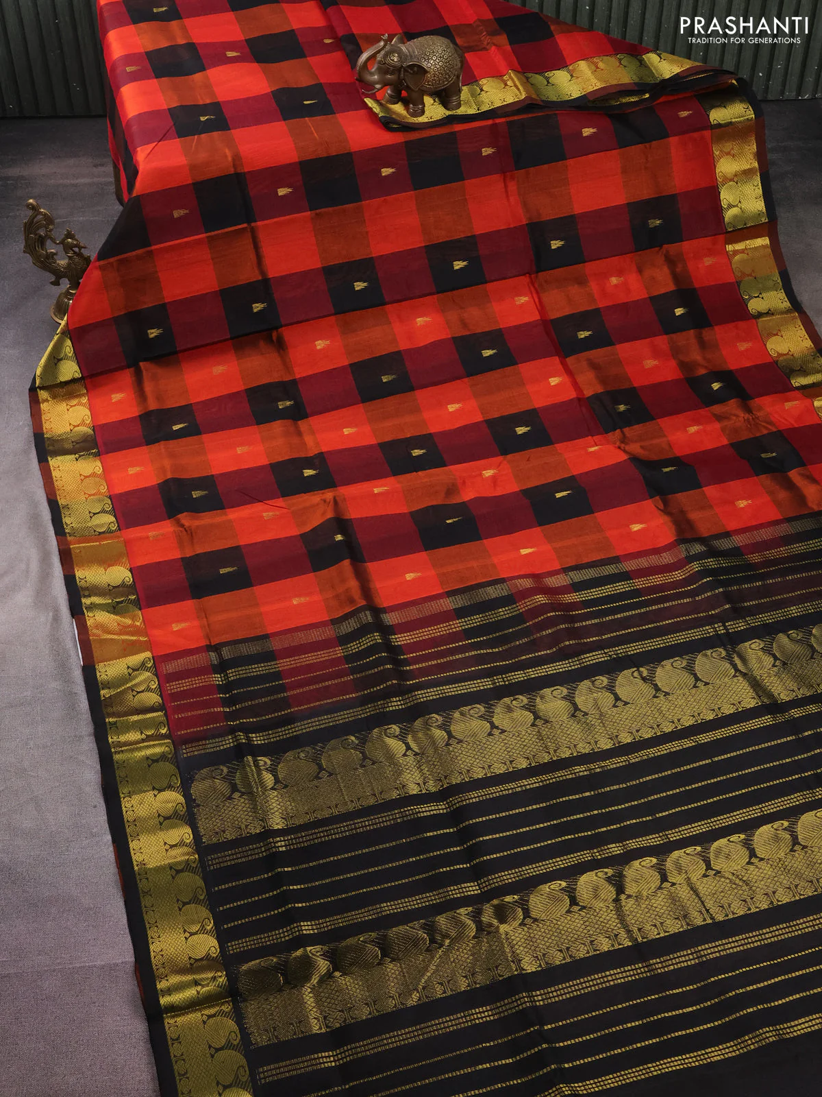 Silk cotton saree multi colour and black with allover paalum pazhamun checks & zari buttas and paisley zari woven border - Image 2