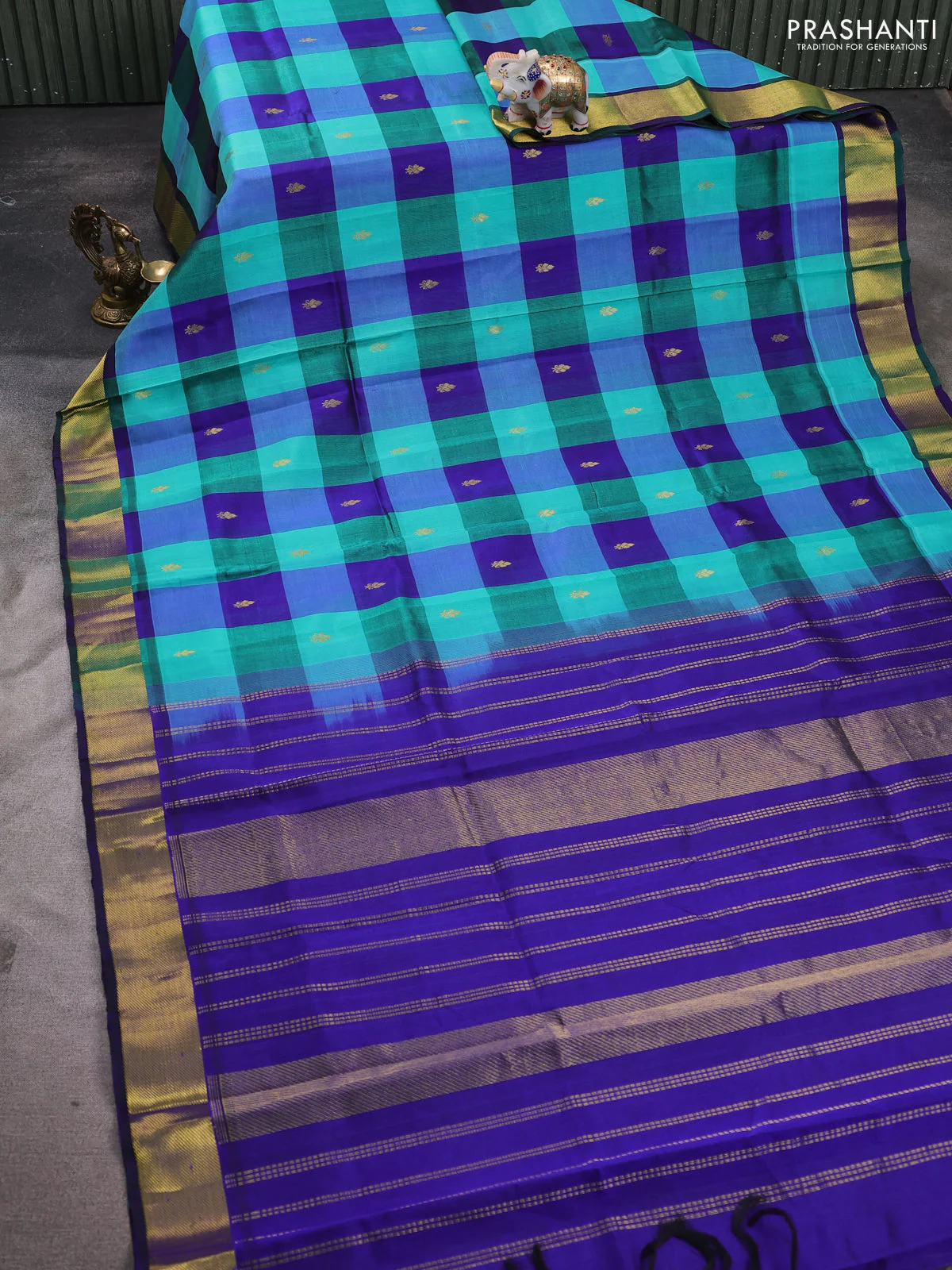 Silk cotton saree multi colour and blue with allover paalum pazhamum checks & buttas and zari woven border - Image 2