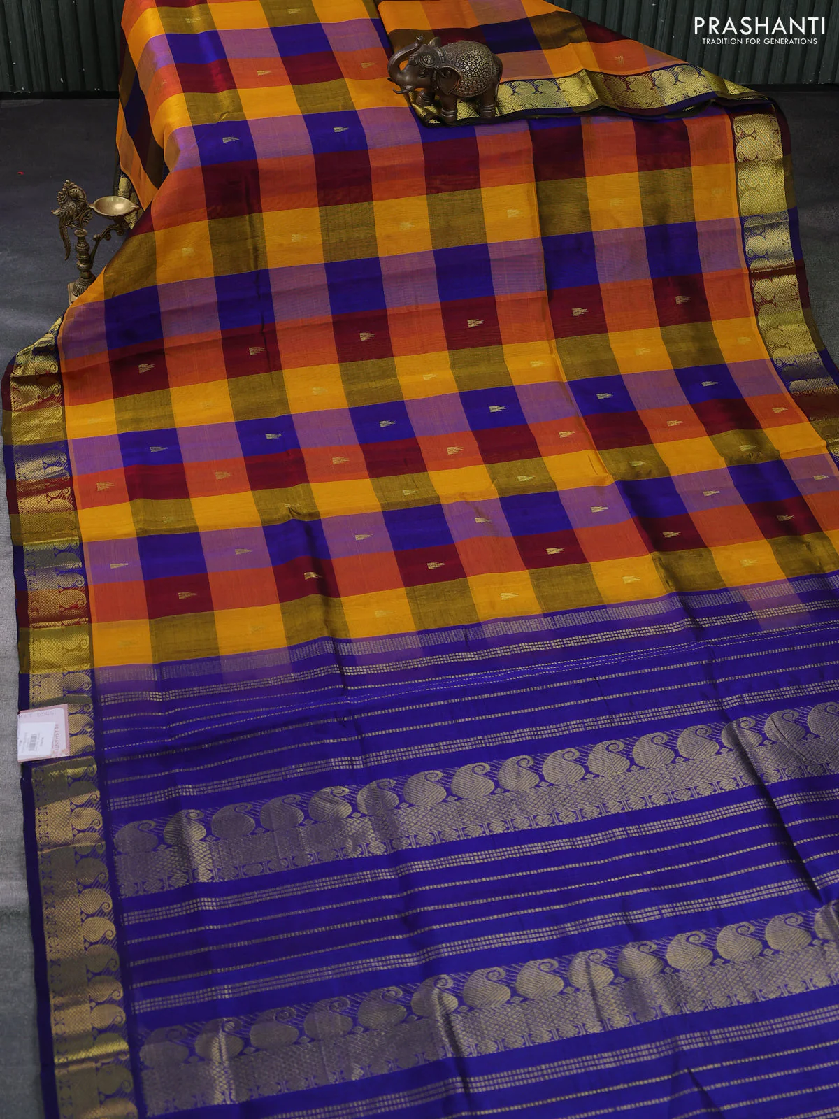 Silk cotton saree multi colour and blue with allover paalum pazhamum checks & buttas and zari woven border - Image 2