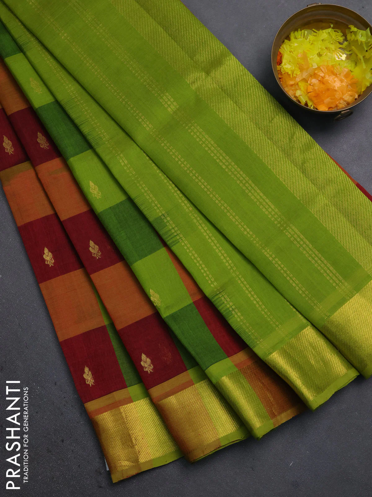 silk cotton saree multi colour and light green with allover paalum pazhamum checks pattern zari buttas and zari woven border