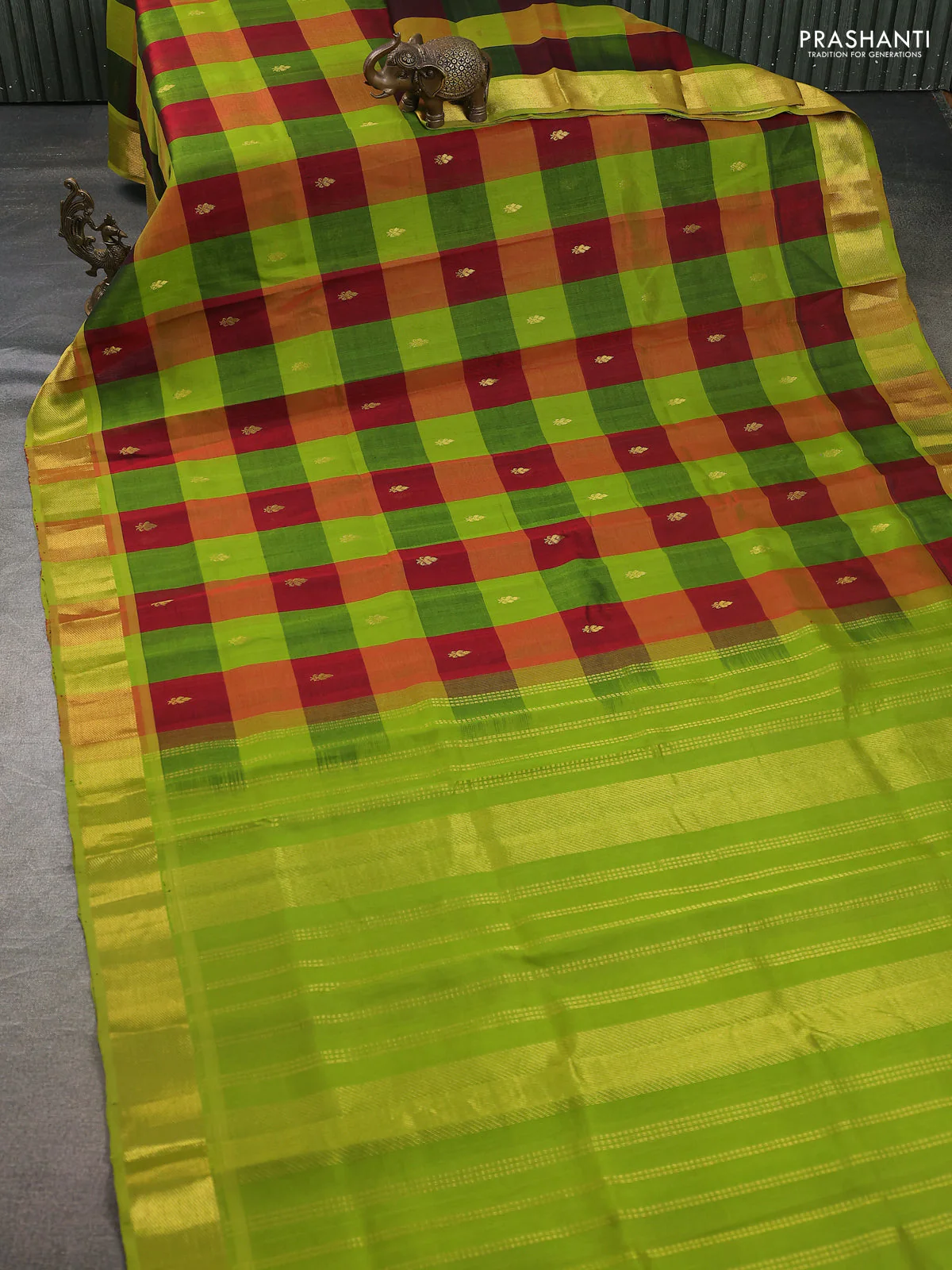 silk cotton saree multi colour and light green with allover paalum pazhamum checks pattern zari buttas and zari woven border - Image 2