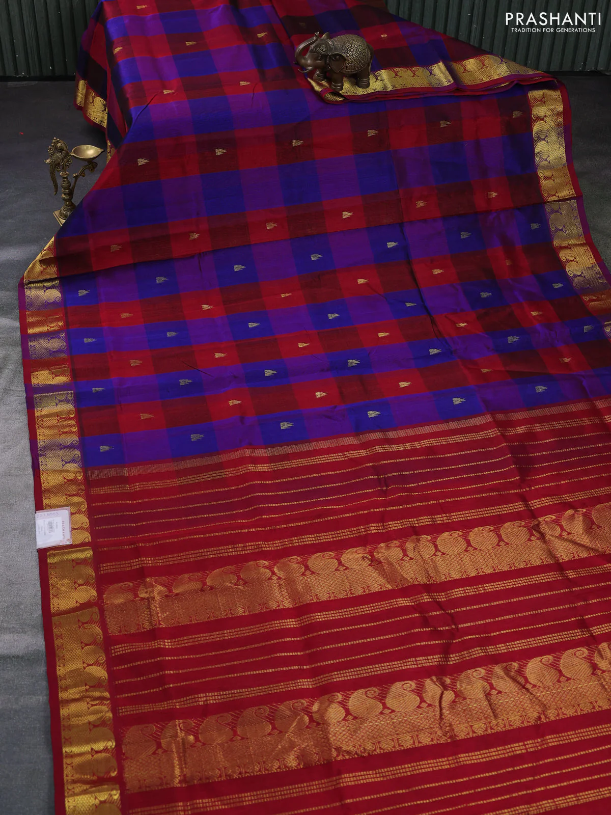 Silk cotton saree multi colour and maroon with allover paalum pazhamum checks & buttas and paisley zari woven border - Image 2